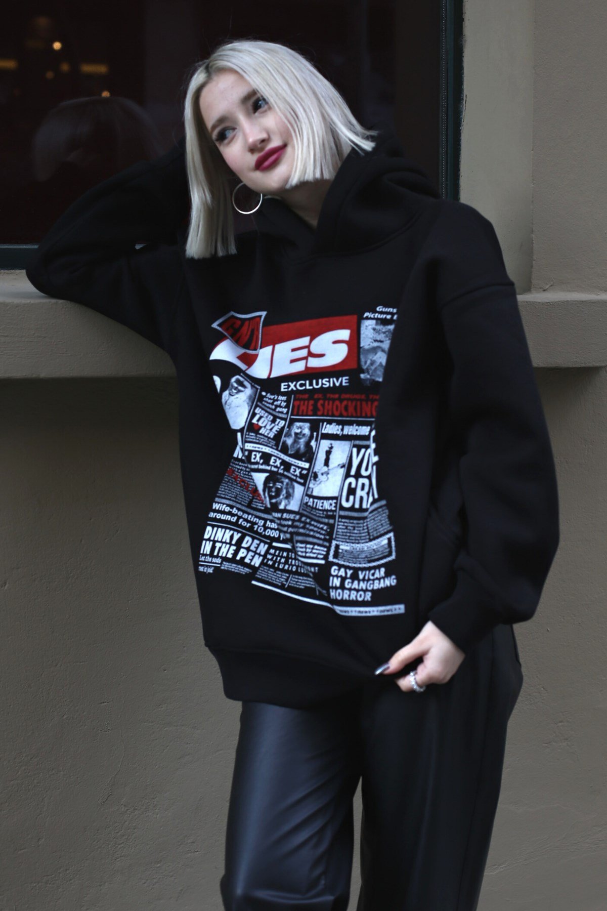 Siyah Baskılı Oversize Kapüşonlu Kadın Sweatshirt MG1581 Fiyatları