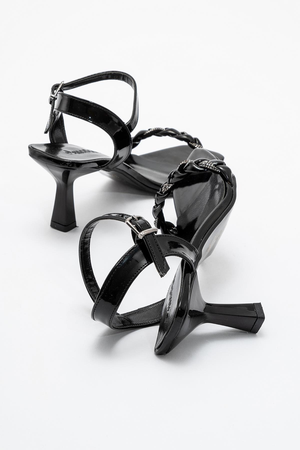 Kadın Taşlı Örgülü Topuklu Sandalet SİYAH RUGAN - Görsel 5