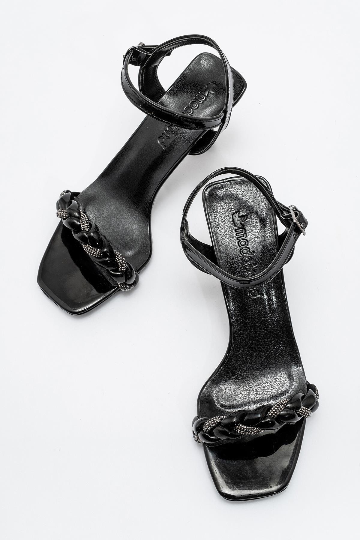 Kadın Taşlı Örgülü Topuklu Sandalet SİYAH RUGAN - Görsel 6