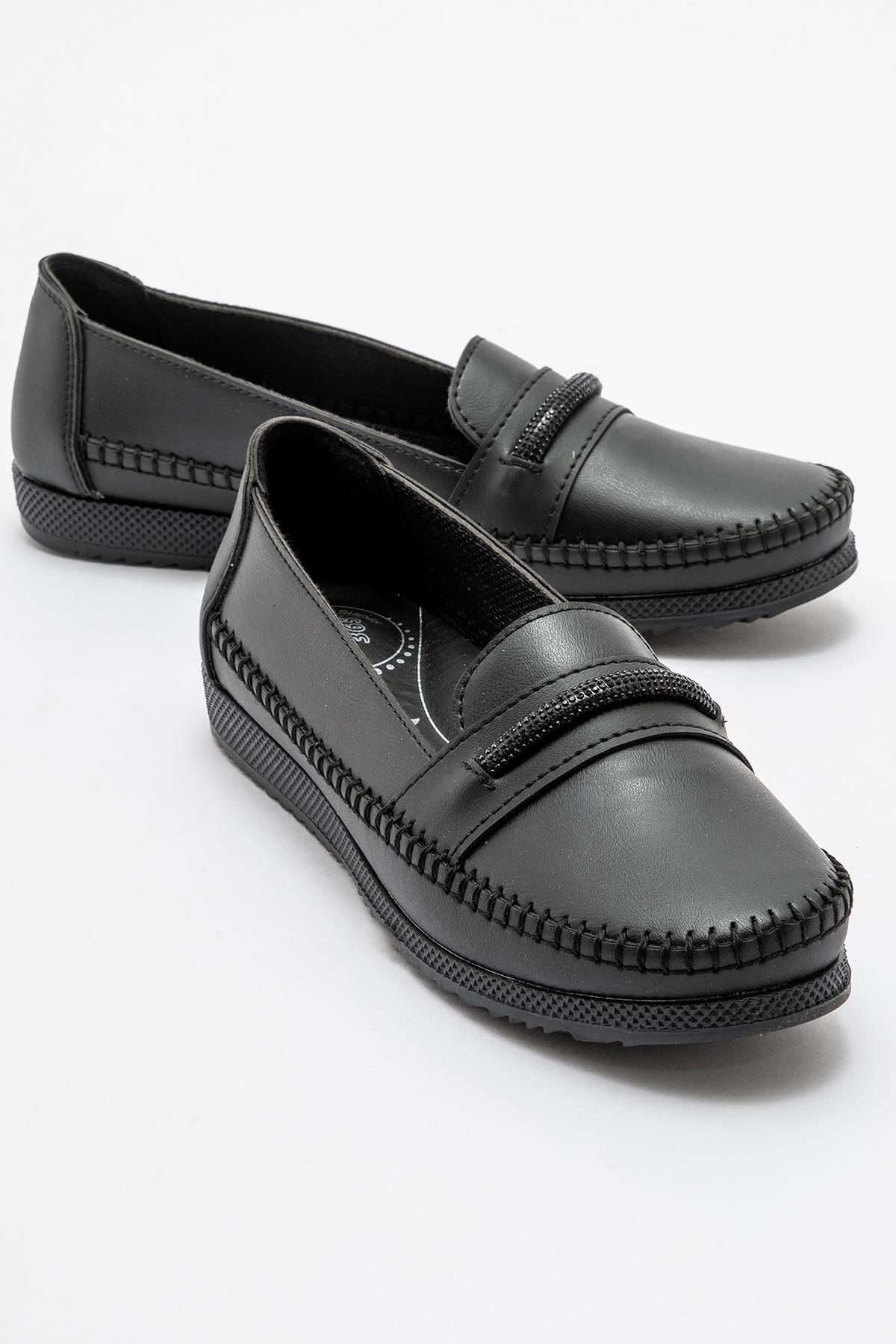 Kaydırmaz Taban Bağlı Lastikli Kadın Babet SİYAH KOT - Görsel 3