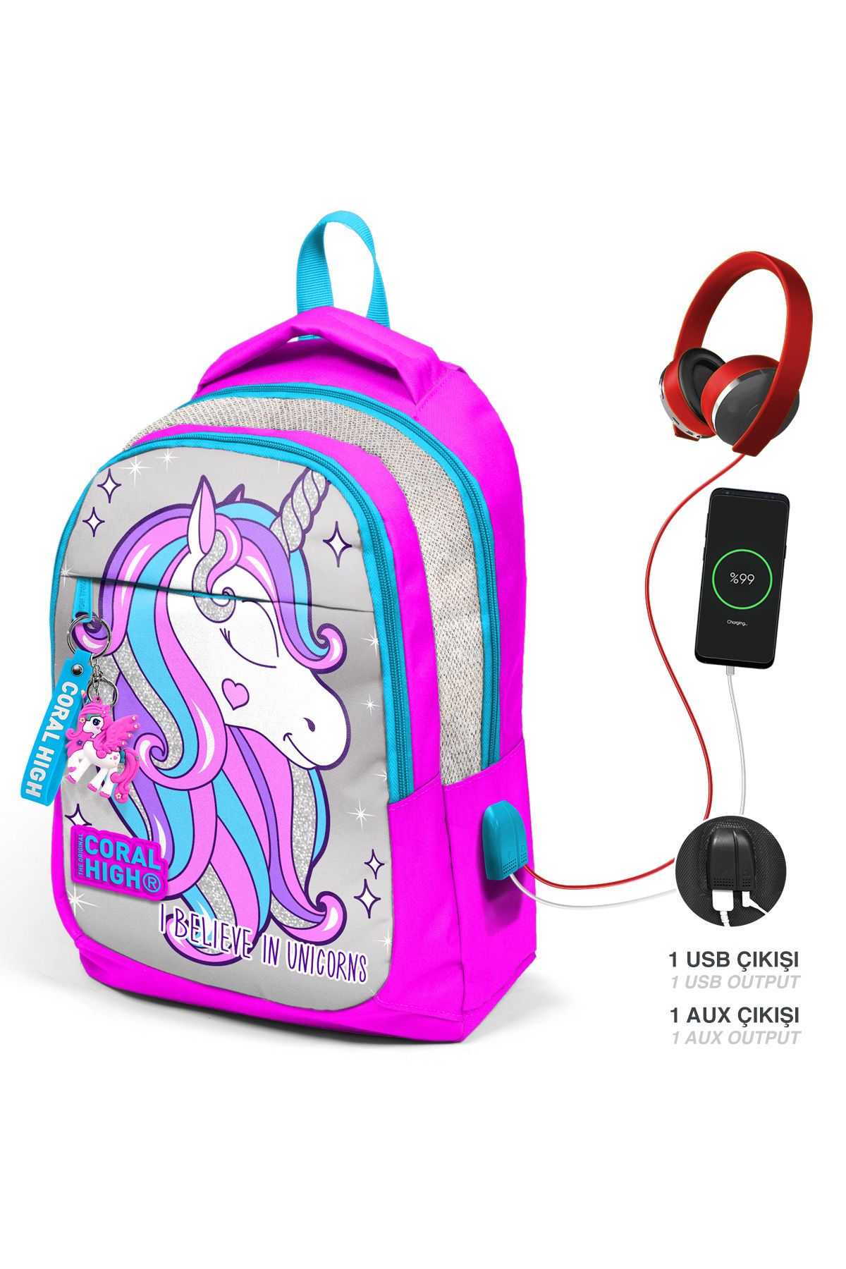 Kids Pembe Gümüş Simli Unicornlu Üç Bölmeli Usb'li Çıkışlı Okul Sırt Çantası 23412