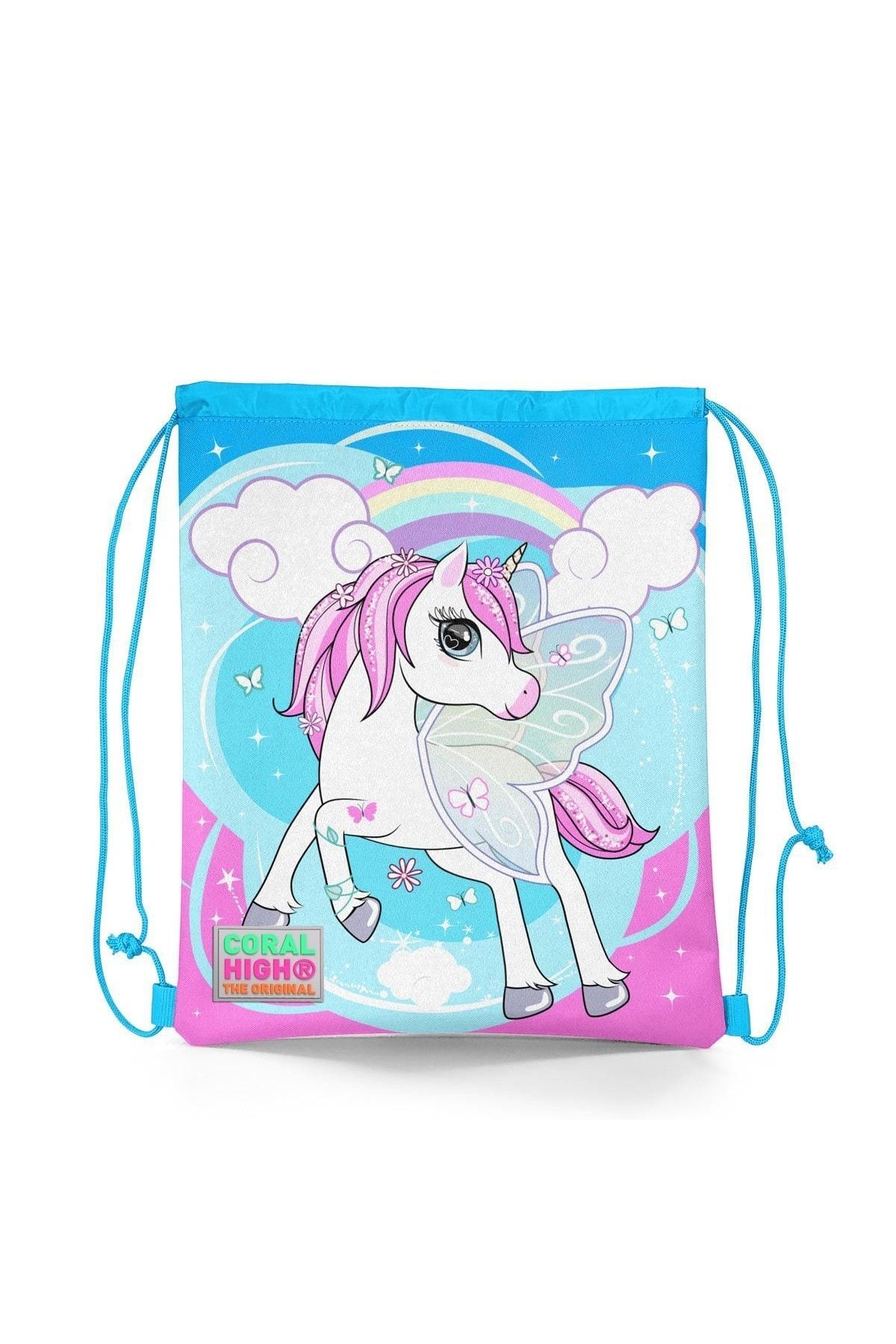 Kids Mavi Neon Pembe Unicorn Desenli Ipli Büzgülü Sırt Çantası 22467