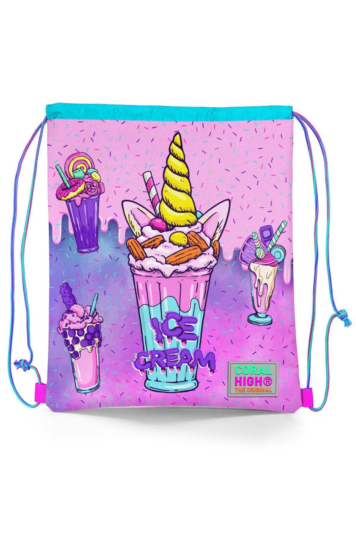 Kids Pembe Mor Milkshake Dondurma Desenli İpli Büzgülü Sırt Çantası 12644