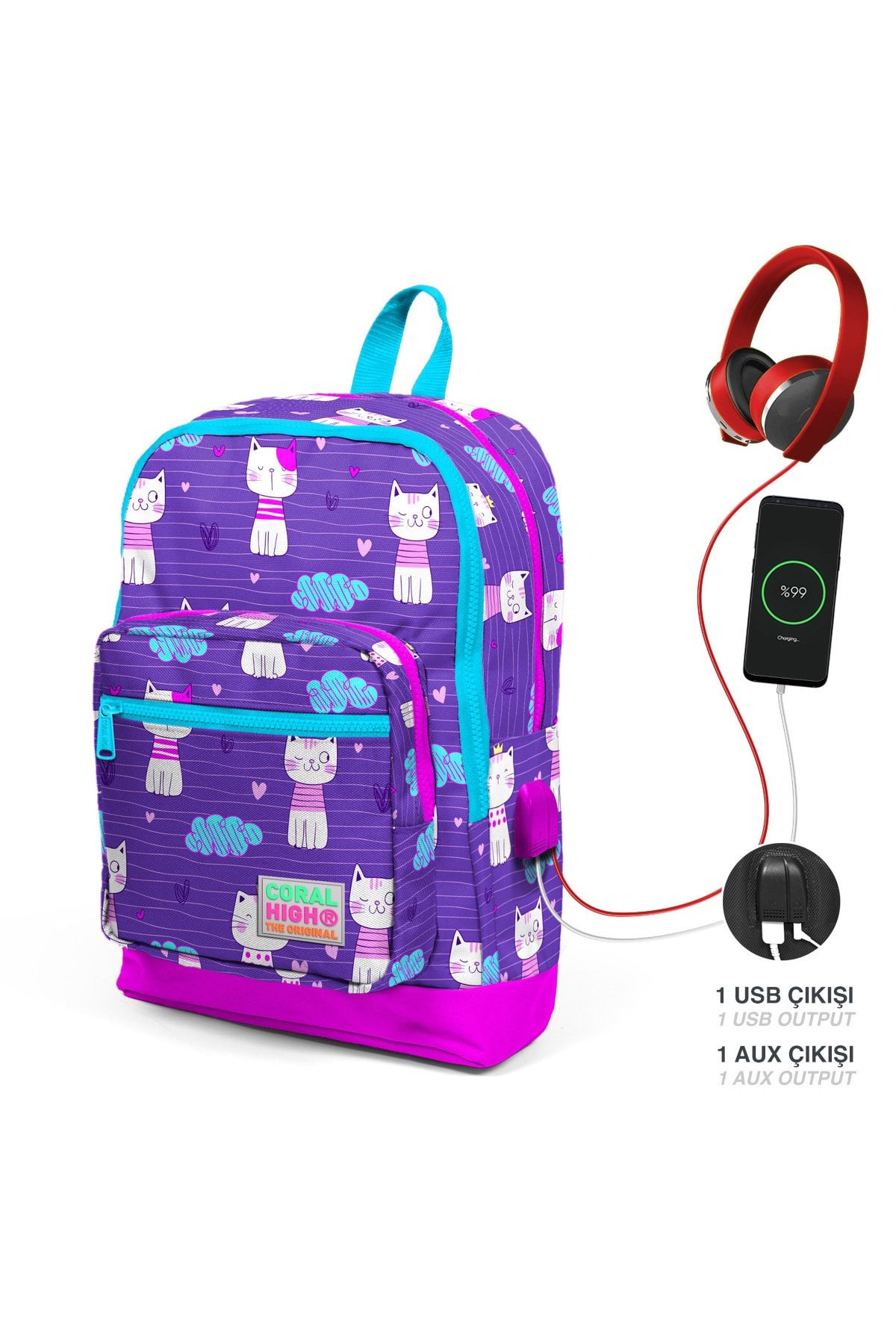 Kids Mor Pembe Kedi Desenli Dört Bölmeli Usb'li Okul Sırt Çantası 23264