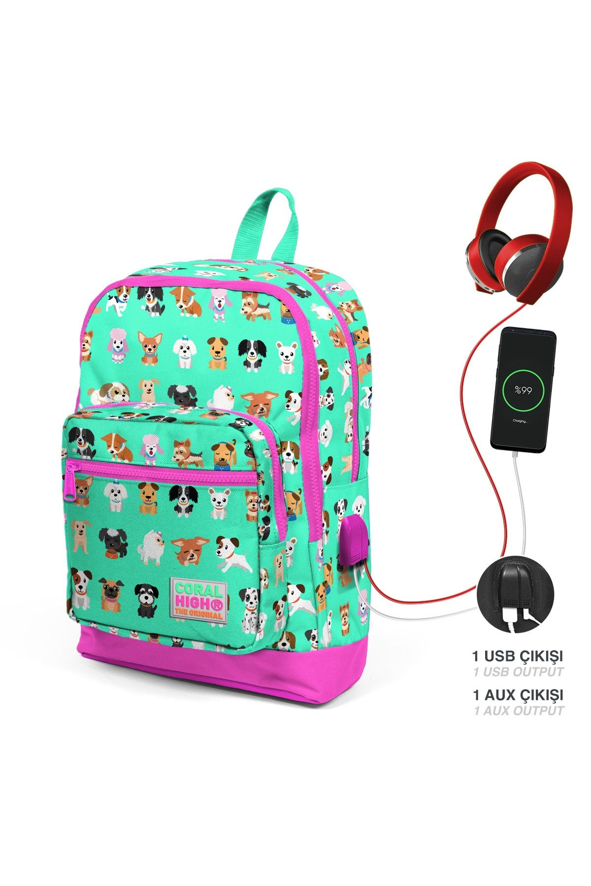 Kids Su Yeşili Neon Pembe Köpek Desenli Dört Bölmeli Usb'li Okul Sırt Çantası 23266