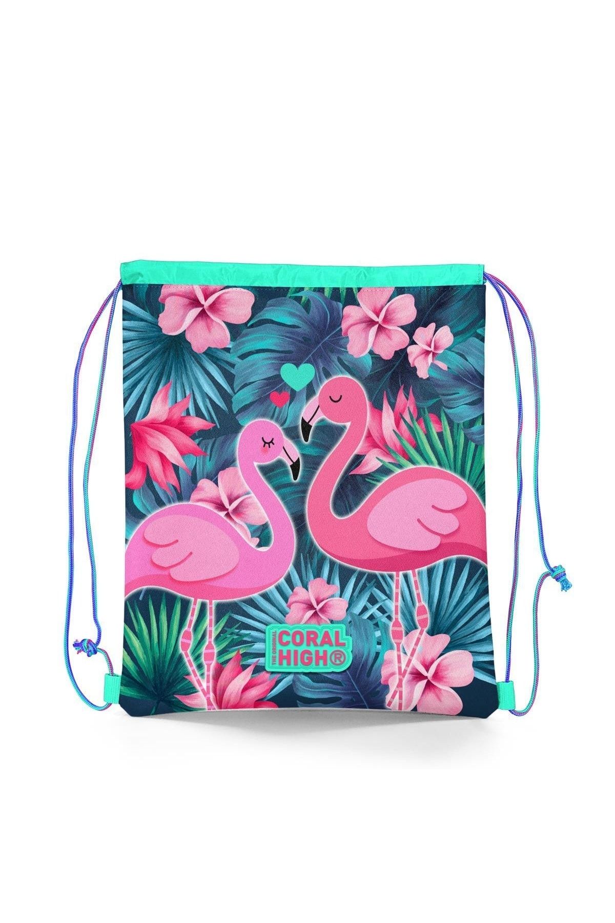 Kids Neon Mercan Su Yeşili Flamingo Desenli Ipli Büzgülü Sırt Çantası 22484