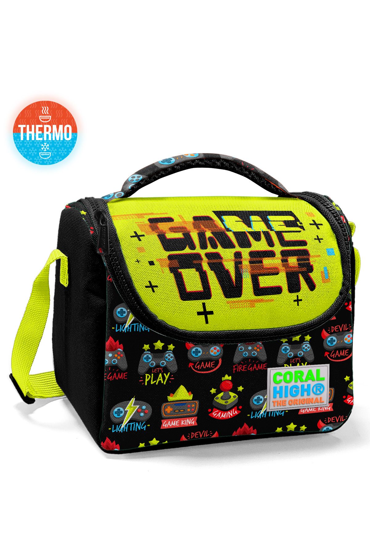 Kids Siyah Neon Sarı Game Over Desenli Thermo Beslenme Çantası 11728