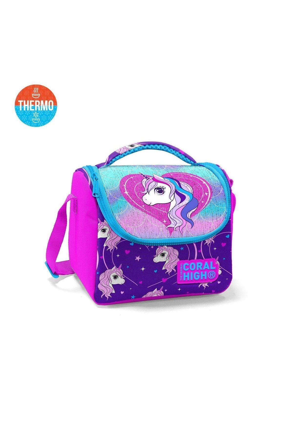 Kids Mor Pembe Unicorn Desenli Simli Thermo Beslenme Çantası 11856