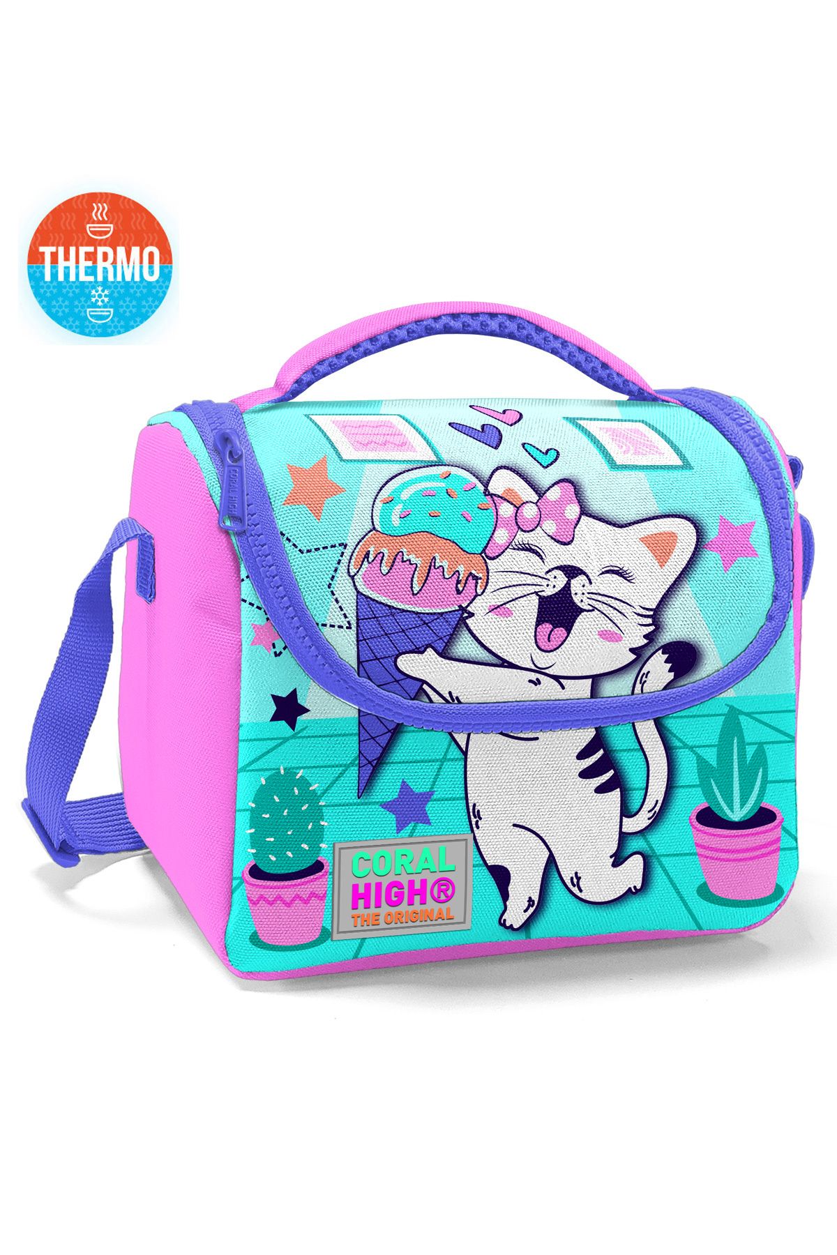 Kids  Turkuaz Pembe Dondurmalı Kedi Desenli Thermo Beslenme Çantası 11751