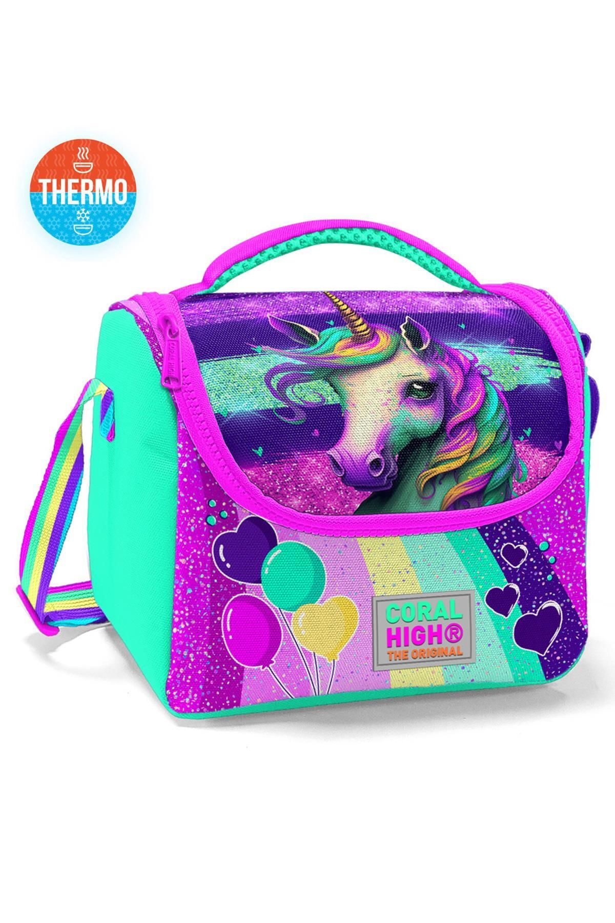 Kids Pembe Su Yeşili Unicorn Desenli Thermo Beslenme Çantası 11758