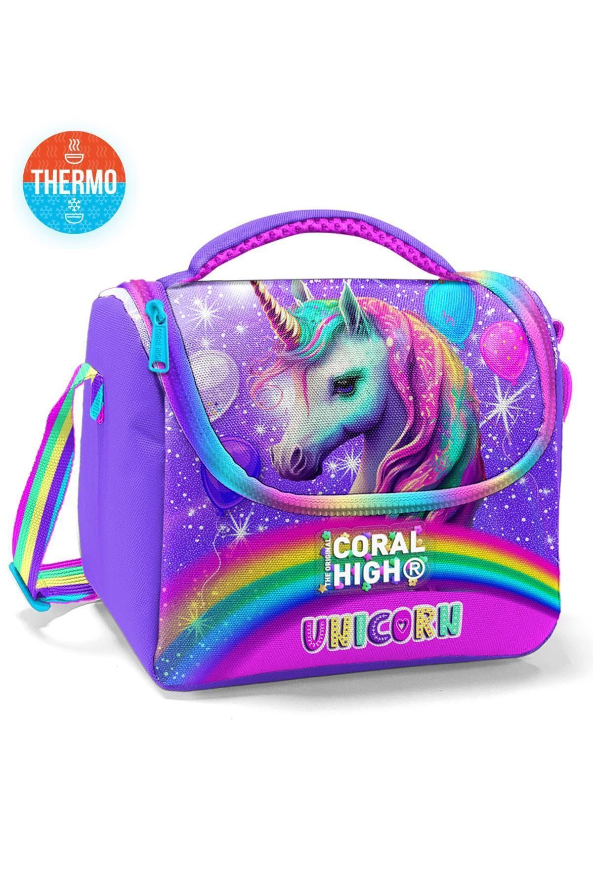 Kids Mor Pembe Simli Unicorn Desenli Thermo Beslenme Çantası 11873