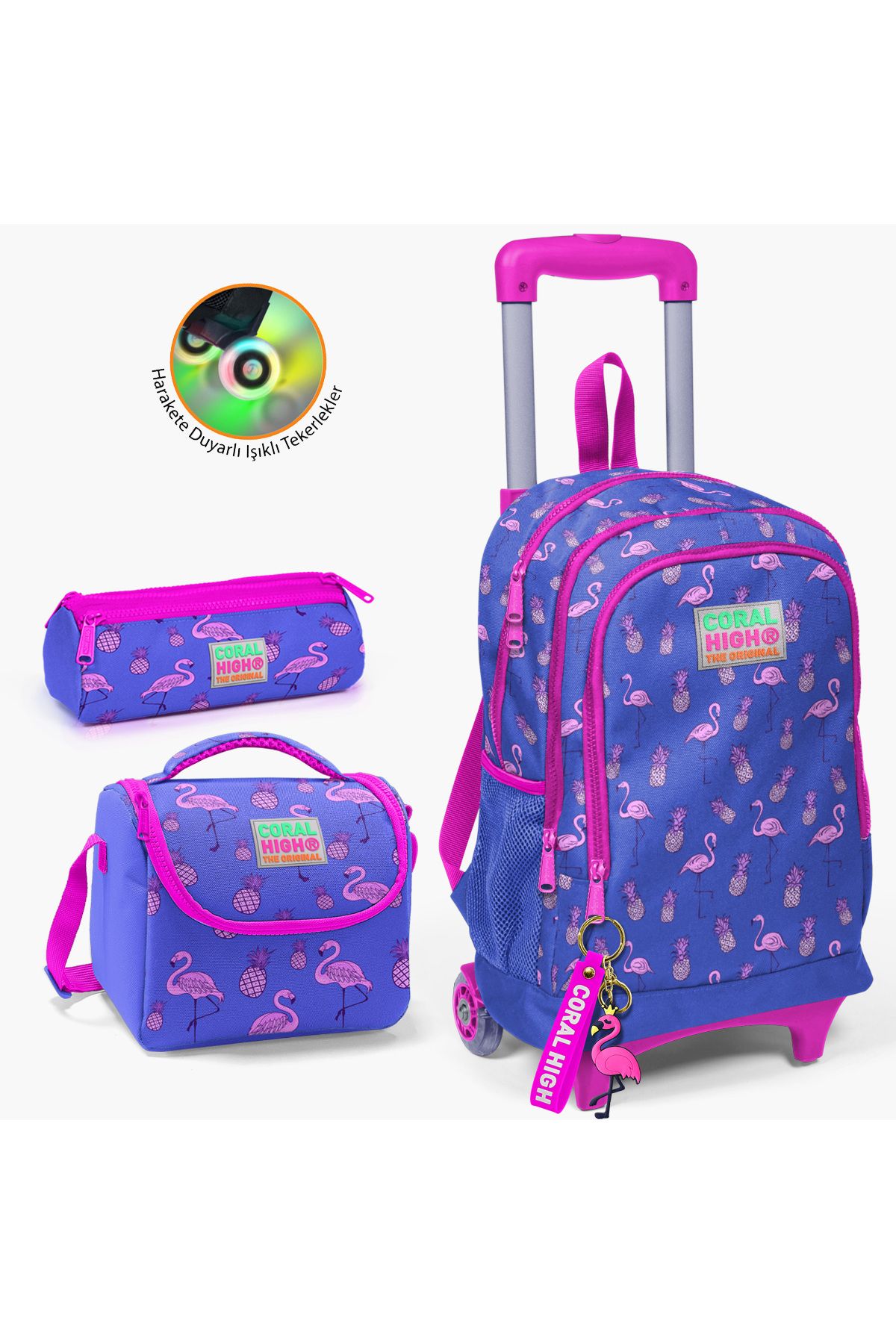 Kids Lavanta Pembe Flamingo Desenli Çekçekli 3'lü Çanta Seti SET0123132