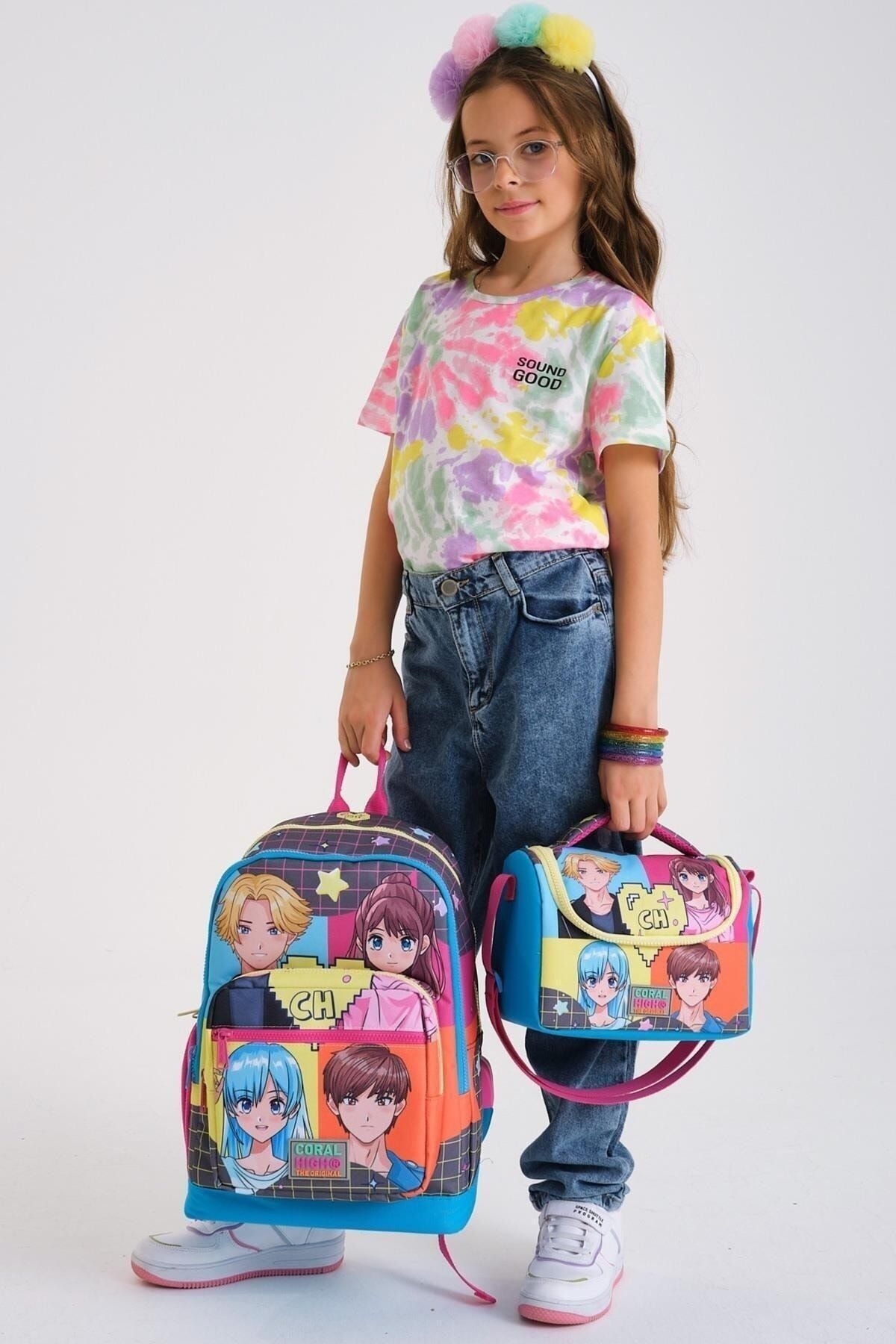 Kids Gri Mavi Pembe Anime Desenli 3’lü Okul Çanta Seti SET0123737