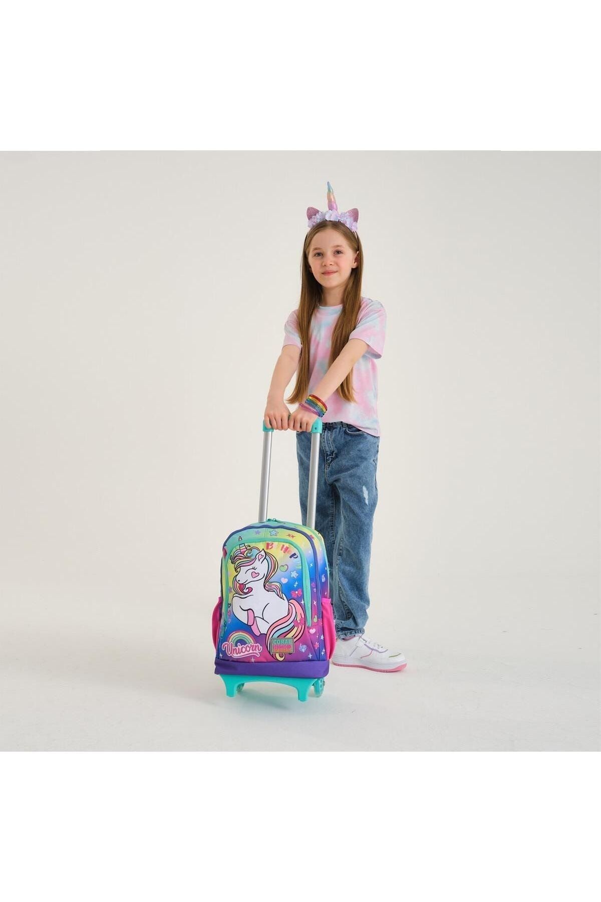 Kids Lavanta Su Yeşili Unicorn Desenli Çekçekli 3’lü Okul Çanta Seti SET0123929