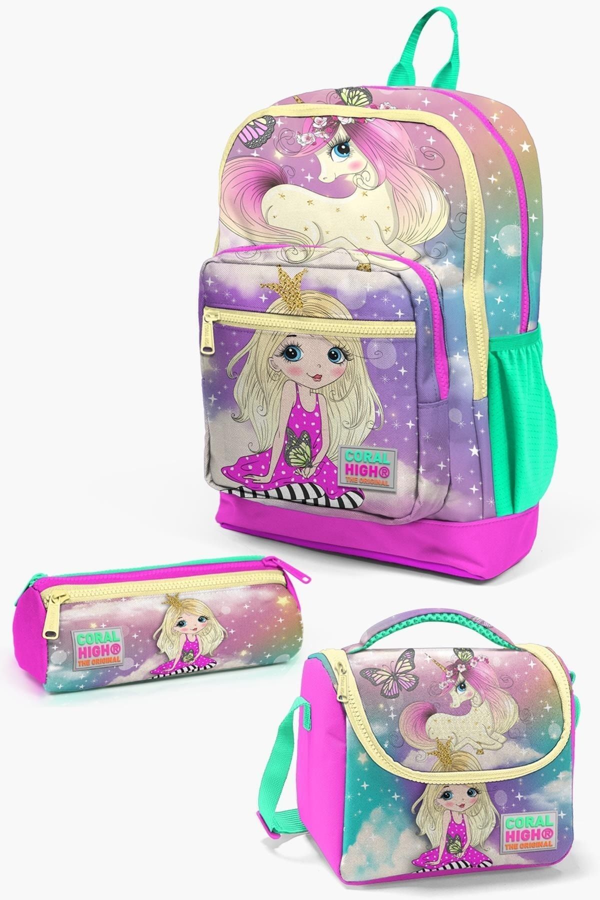 Kids Pembe Su Yeşili Unicornlu Kız Desenli 3’lü Okul Çanta Seti SET0123733