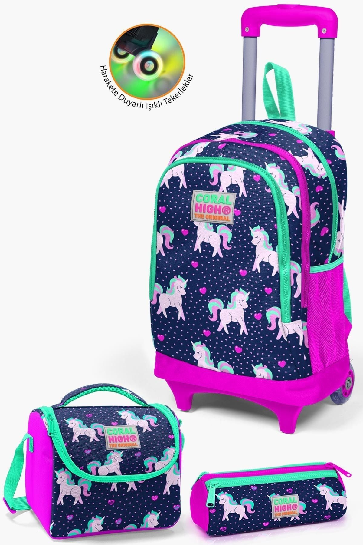 Kids Lacivert Pembe Unicorn Desenli Çekçekli 3'lü Çanta Seti SET0123366