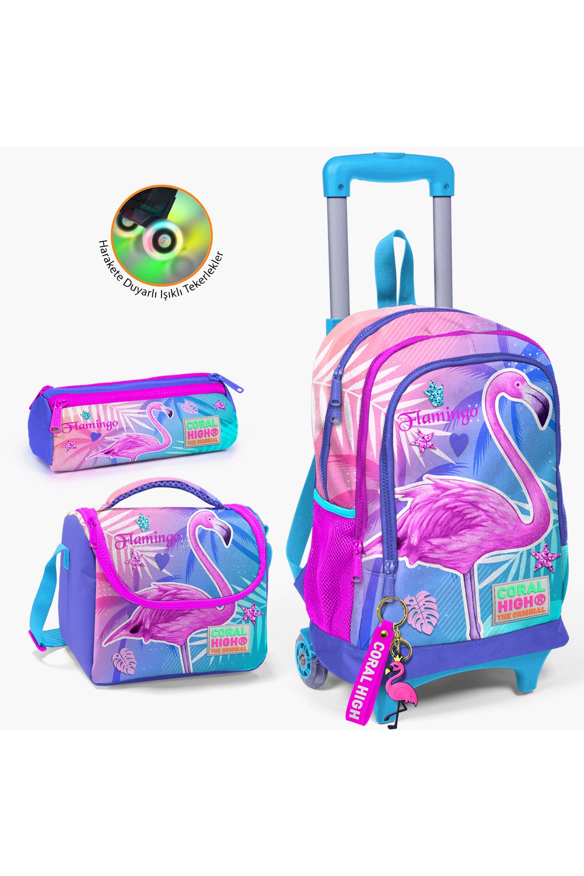 Kids Lavanta Pembe Flamingo Desenli Çeçekli 3’lü Okul Çanta Seti SET0123905