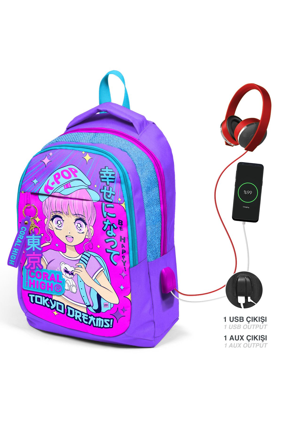 Kids Mor Pembe Mavi Simli K-pop Desenli Üç Bölmeli Usb'li Okul Sırt Çantası 24316