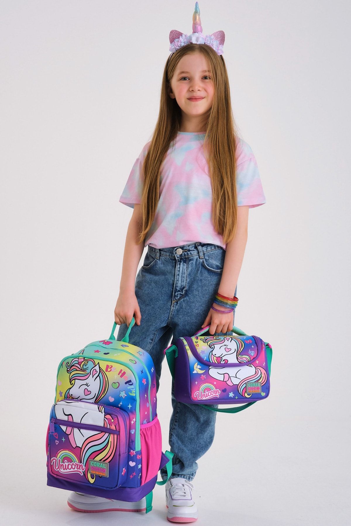 Kids Lavanta Su Yeşili Unicorn Desenli 3’lü Okul Çanta Seti Set0123729