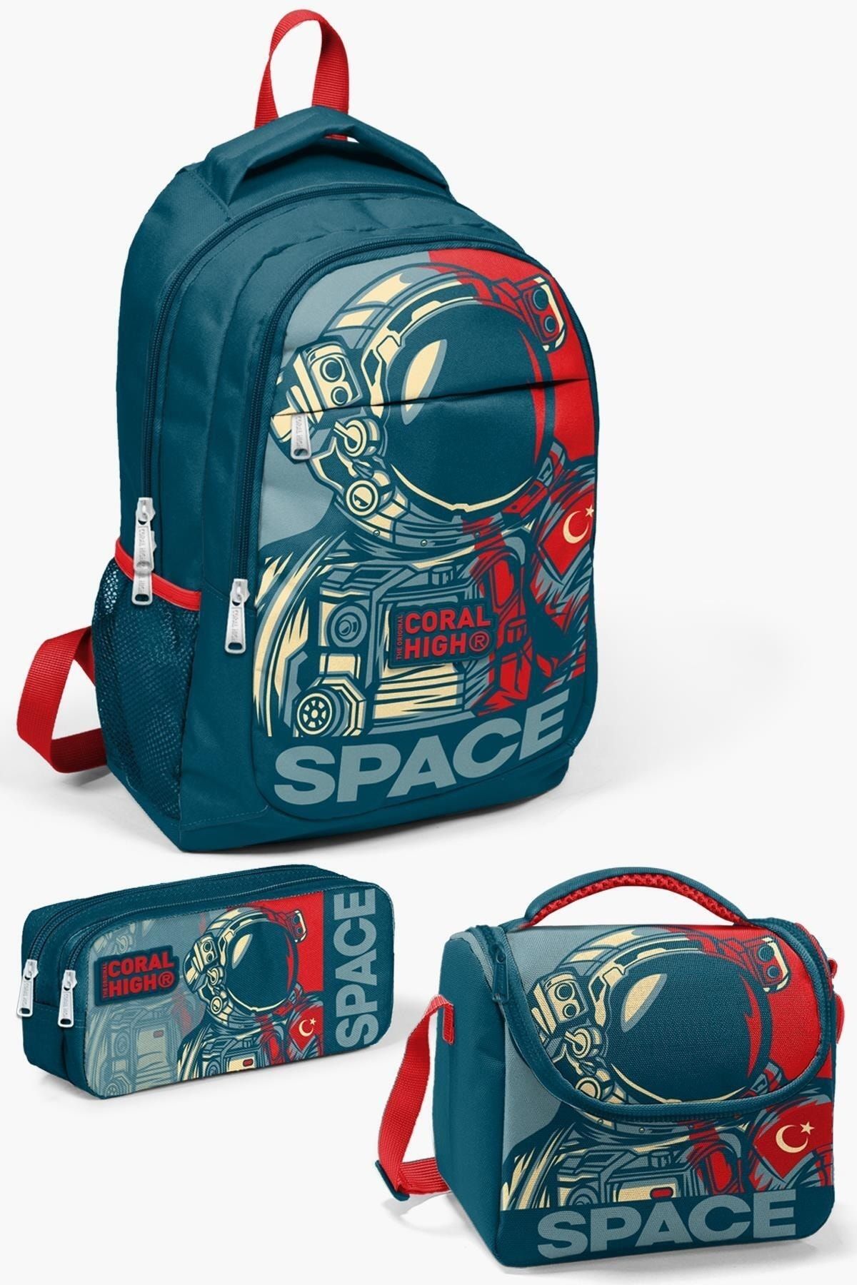 Kids Çivit Kırmızı Astronot Desenli 3’lü Okul Çanta Seti SET0114389