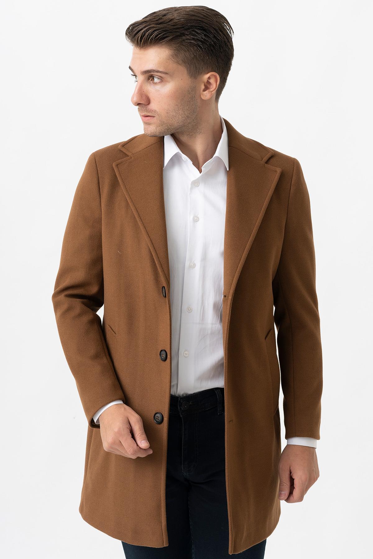 Ancona 4025-2 Düz Ceket Yaka Slim Fit Pamuklu Kaban Camel