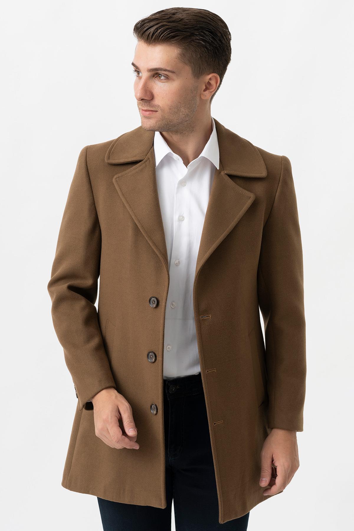 Bolzano 4019 Geniş Yaka Slim Fit Yünlü Kemerli Kaban Camel