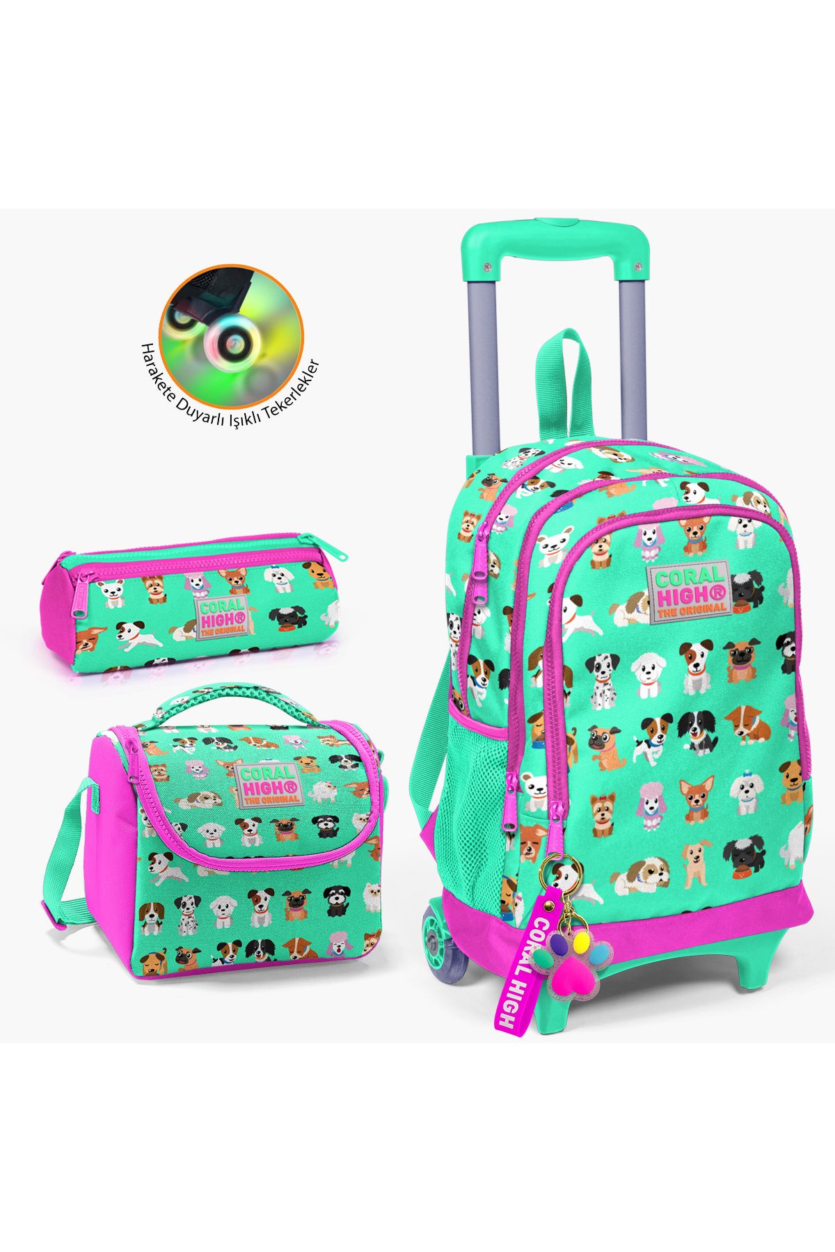 Kids Su Yeşili Neon Pembe Köpek Desenli Çekçekli 3'lü Çanta Seti SET0123362