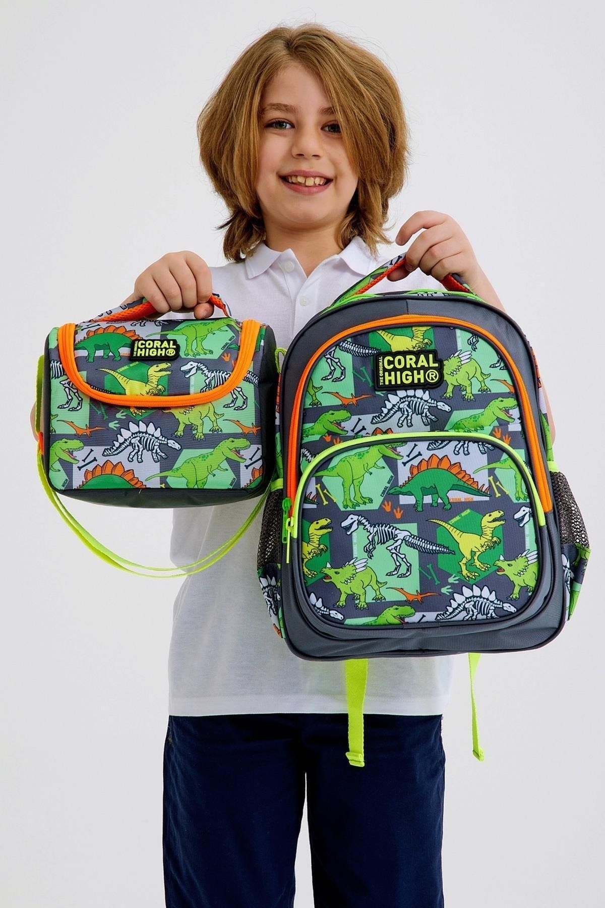 Kids Gri Yeşil Dinozor Desenli 3'lü Okul Çanta Seti SET0114419