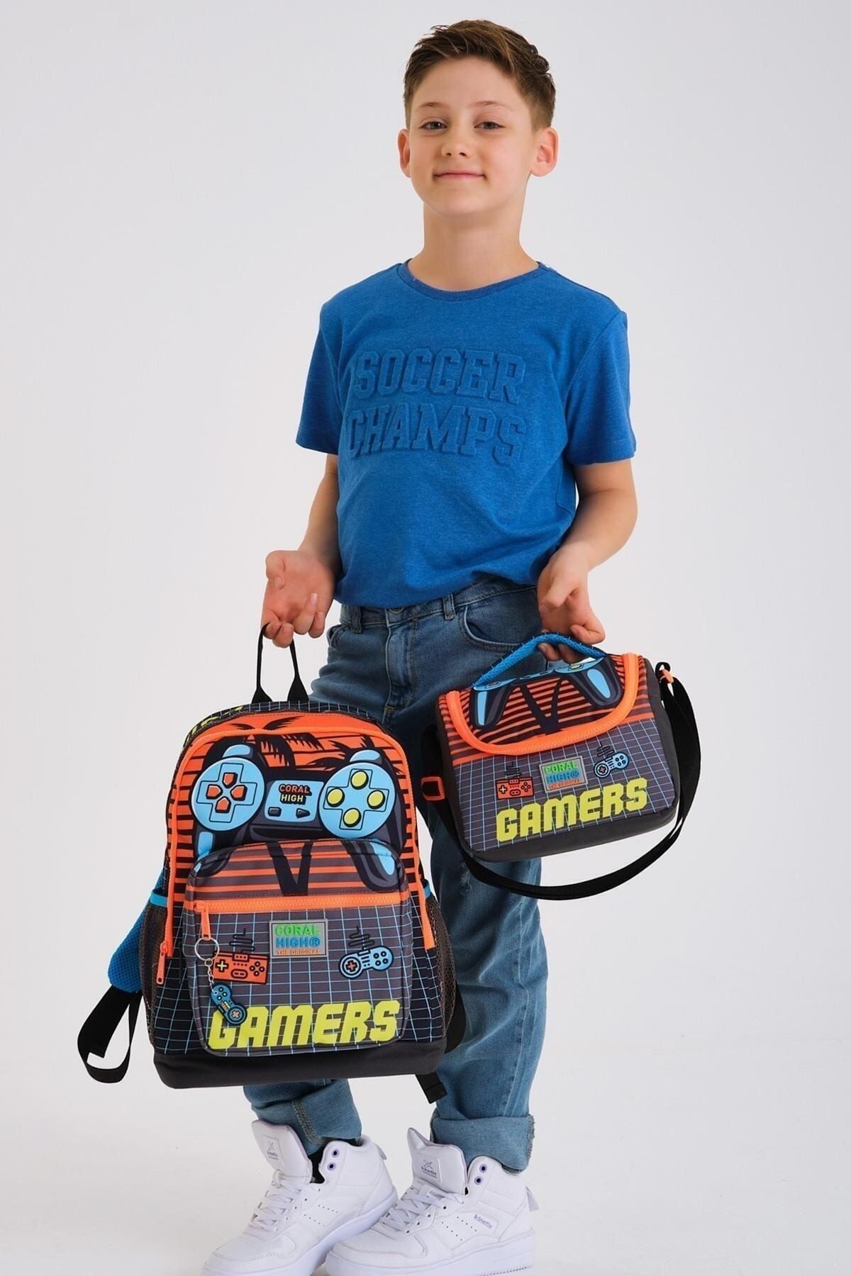 Kids Gri Turuncu Gamer Desenli 3’lü Okul Çanta Seti SET0123746