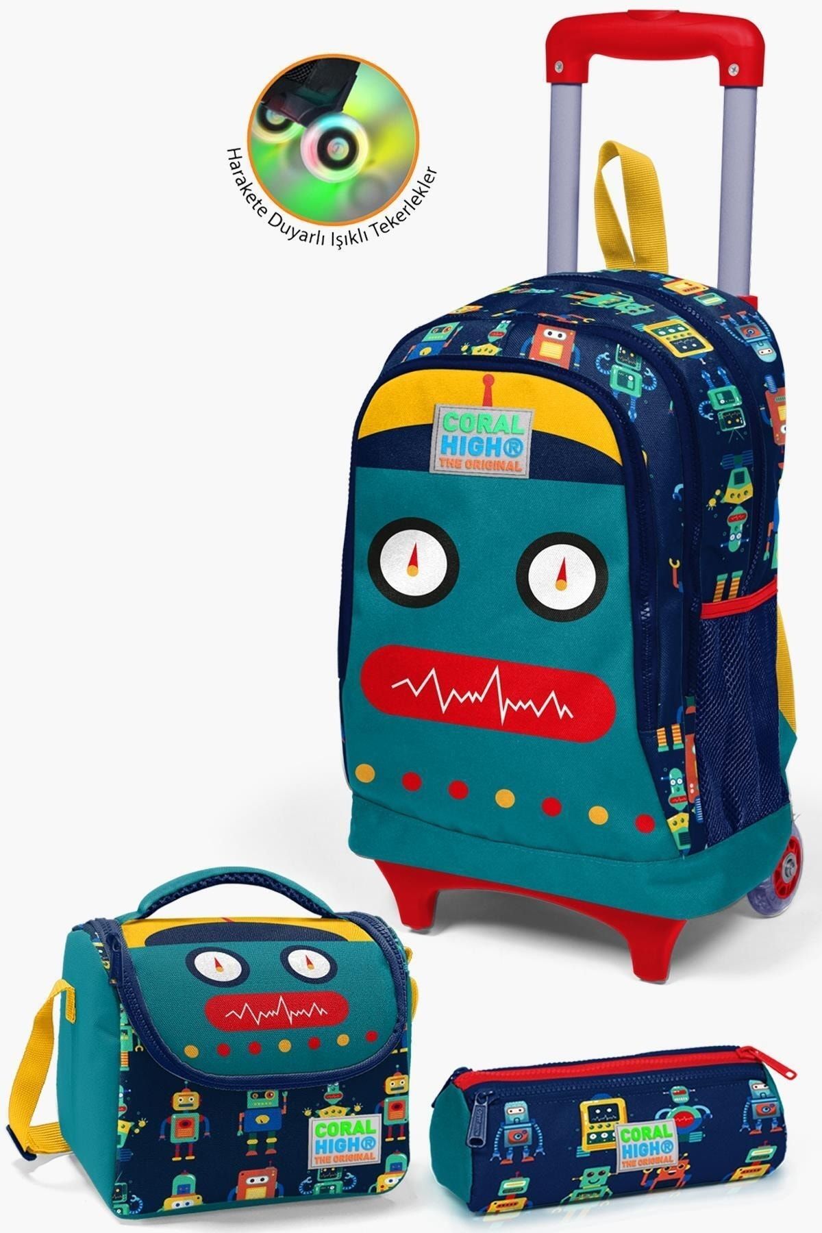 Kids Lacivert Civit Robot Desenli Çekçekli 3'lü Çanta Seti SET0123380