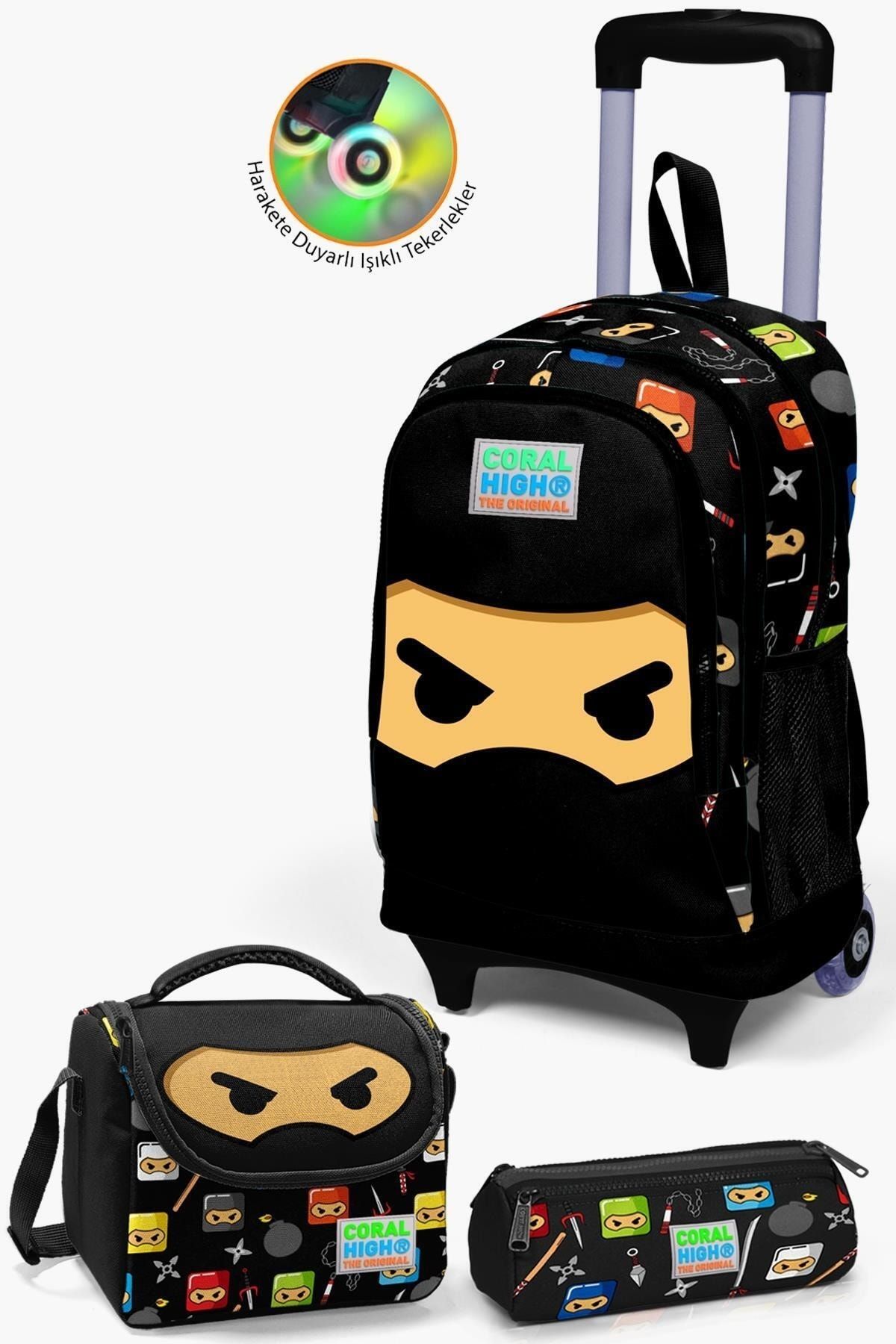 Kids Siyah Ninja Desenli Çekçekli 3'lü Çanta Seti SET0123381