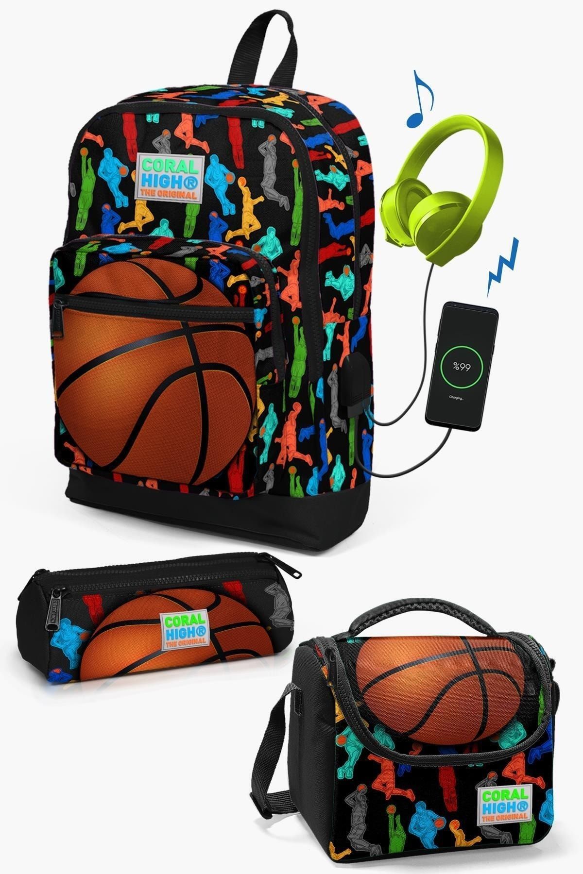 Kids Siyah Basketbol Desenli USB'li 3’lü Okul Çanta Seti SET0123281