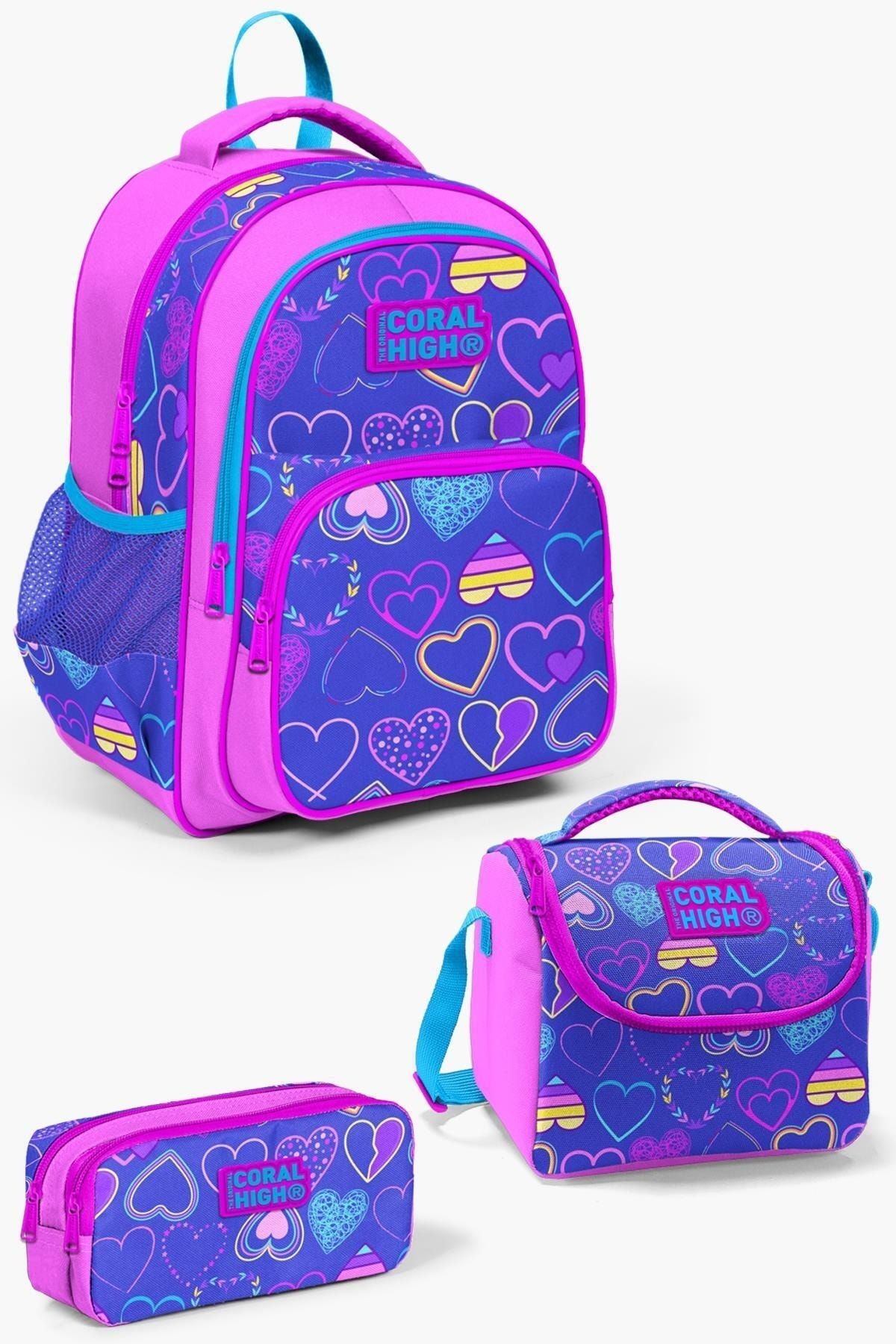 Kids Açık Pembe Lavanta Kalp Desenli 3'lü Okul Çanta Seti SET0123401