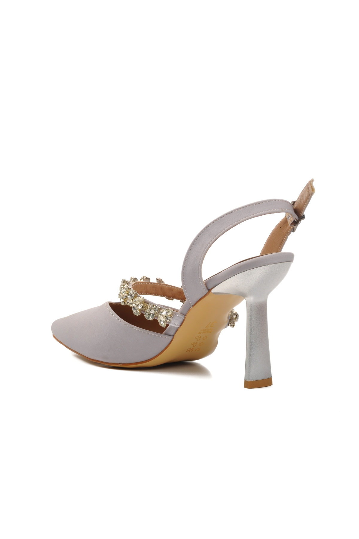 544012 Gümüş Saten Kadın Taşlı Abiye Ayakkabı - Görsel 5