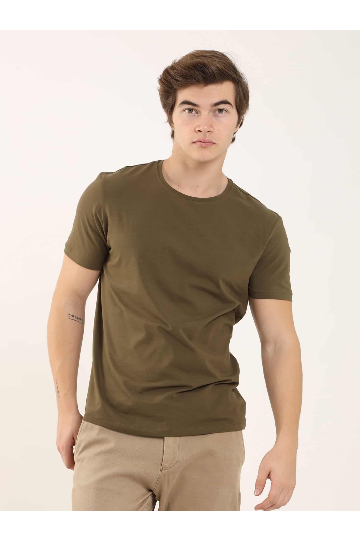 Haki Erkek Slim Fit Düz  Bisiklet Yaka Tshirt - 70943