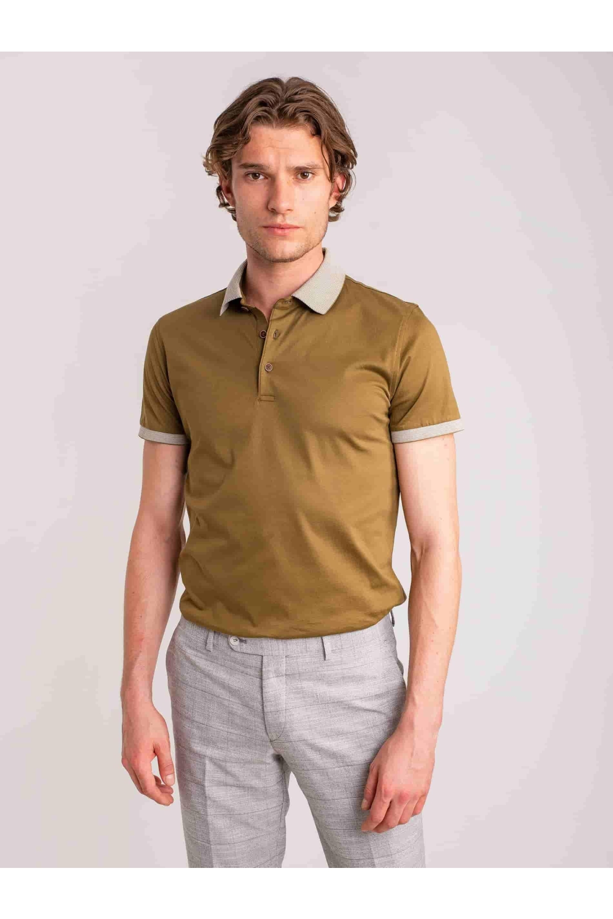 Haki Erkek Slim Fit Düz Casual Polo Yaka Tshirt - 55001