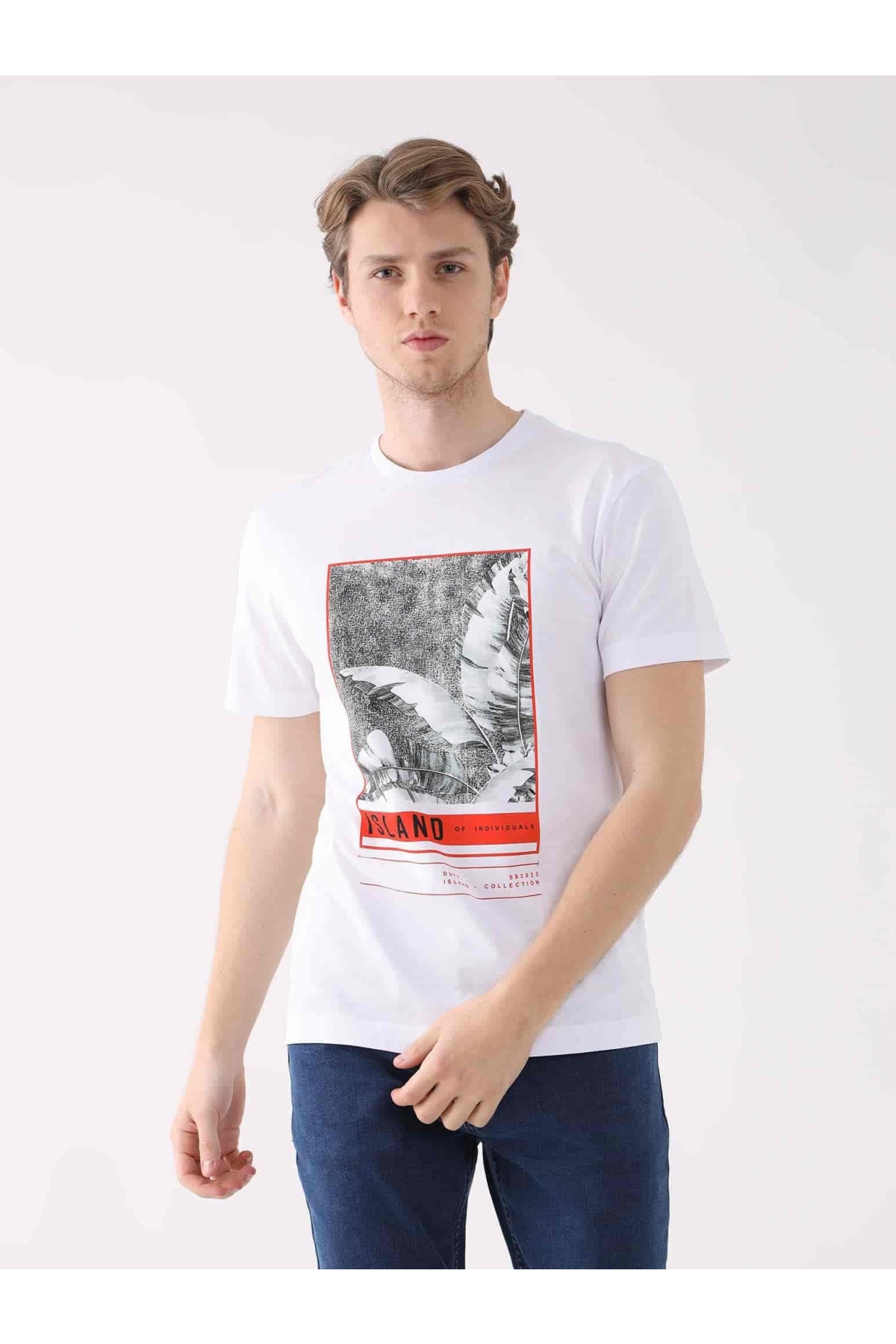 Beyaz Erkek Regular Fit Baskılı Casual O Yaka Tshirt - 94346