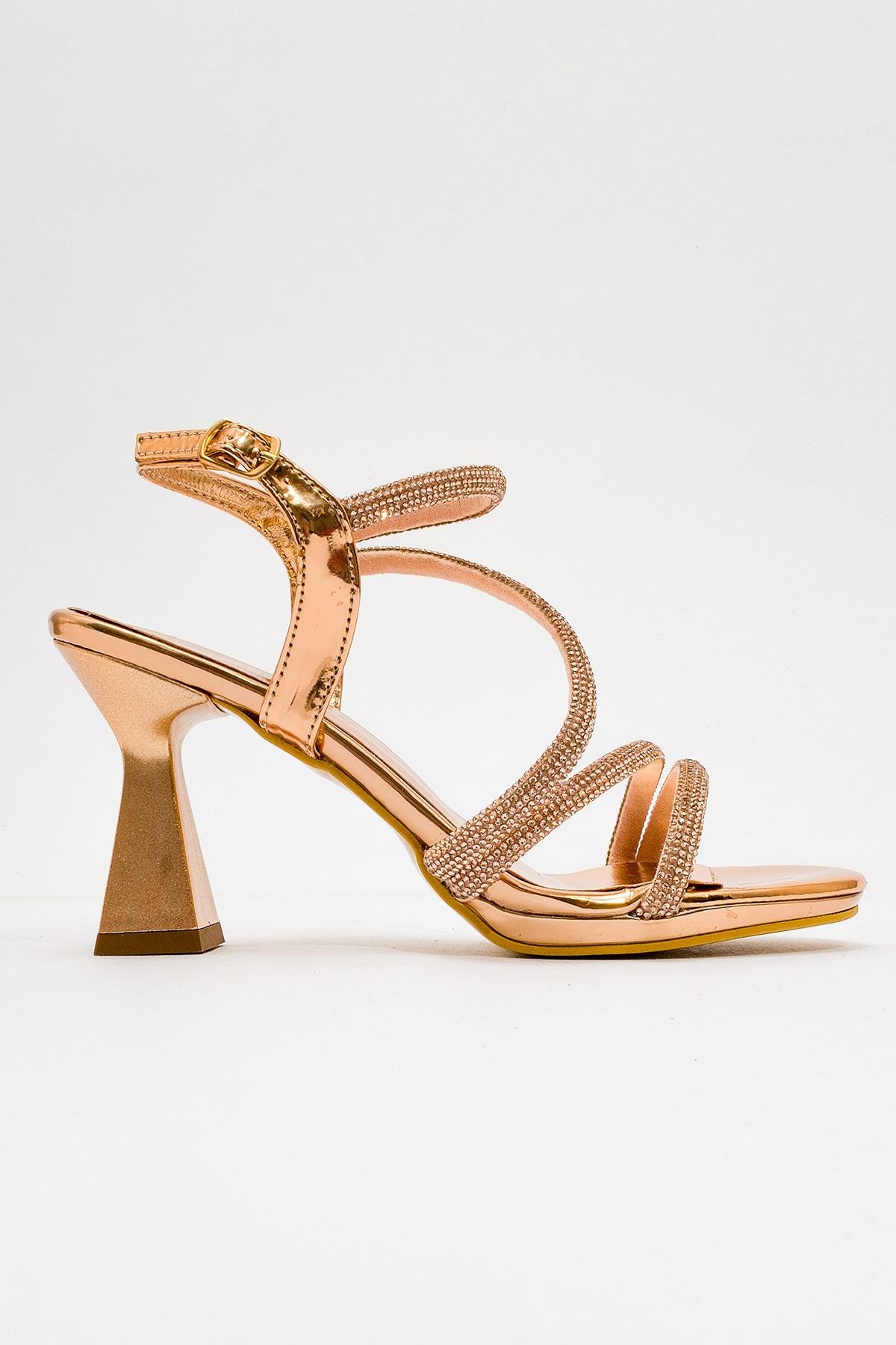 Çapraz Taşlı Kadın Topuklu Sandalet BAKIR AYNA - Görsel 3