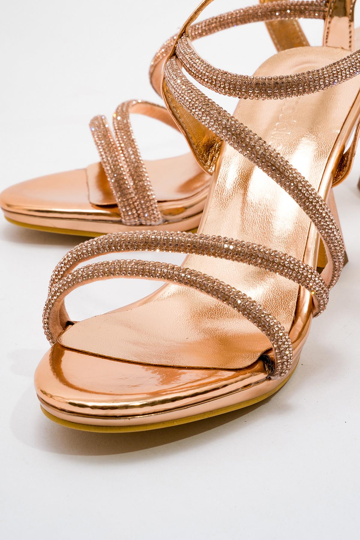 Çapraz Taşlı Kadın Topuklu Sandalet BAKIR AYNA - Görsel 4