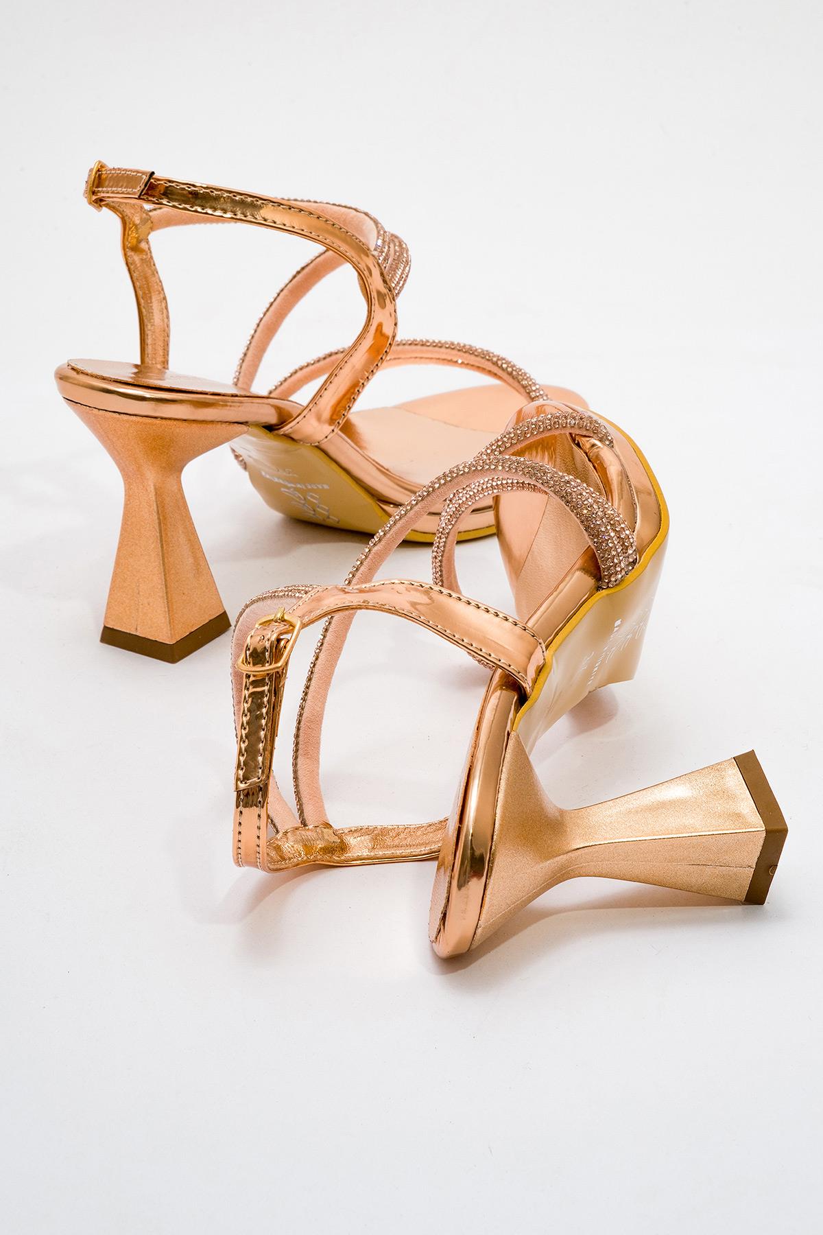 Çapraz Taşlı Kadın Topuklu Sandalet BAKIR AYNA - Görsel 5