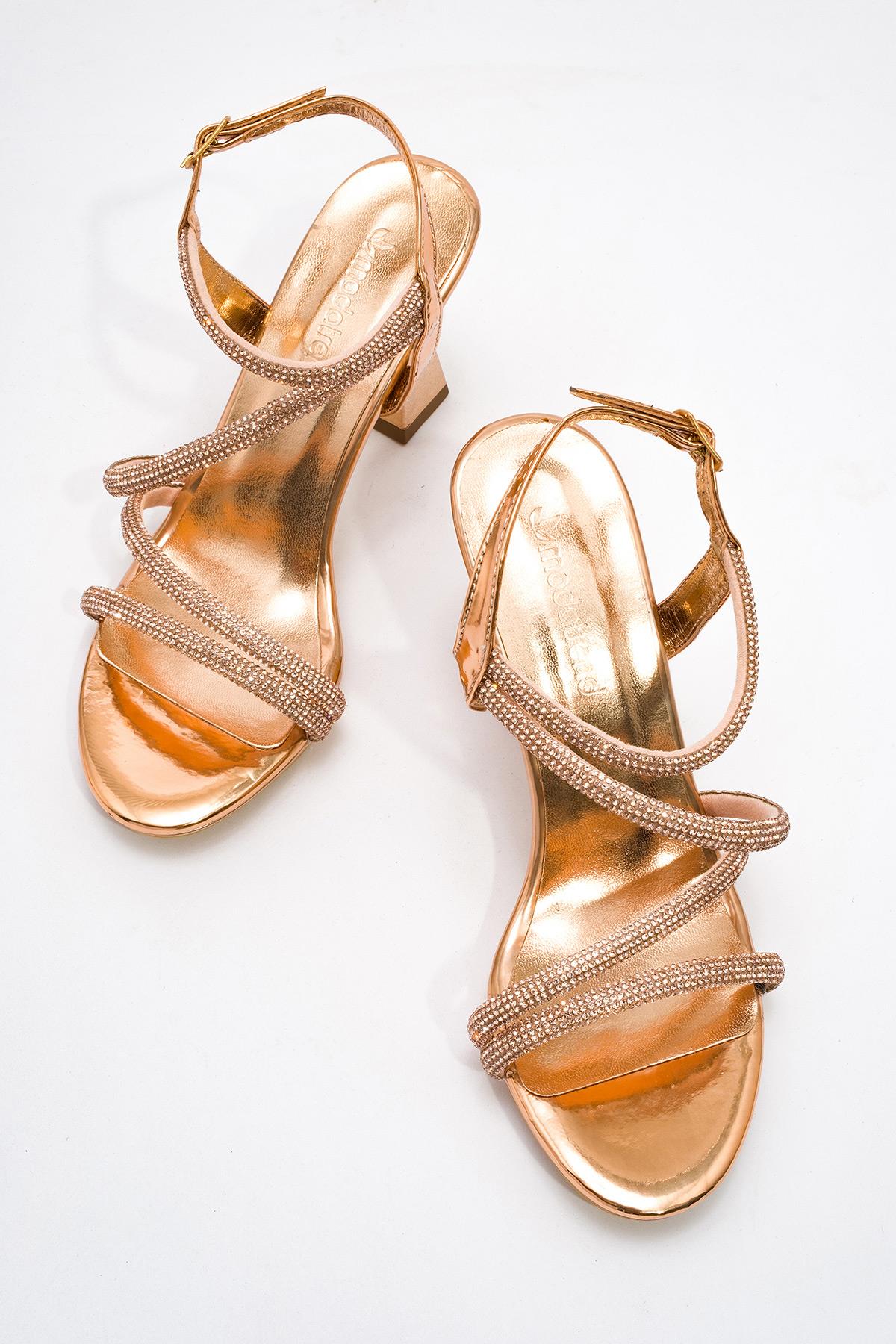 Çapraz Taşlı Kadın Topuklu Sandalet BAKIR AYNA - Görsel 6