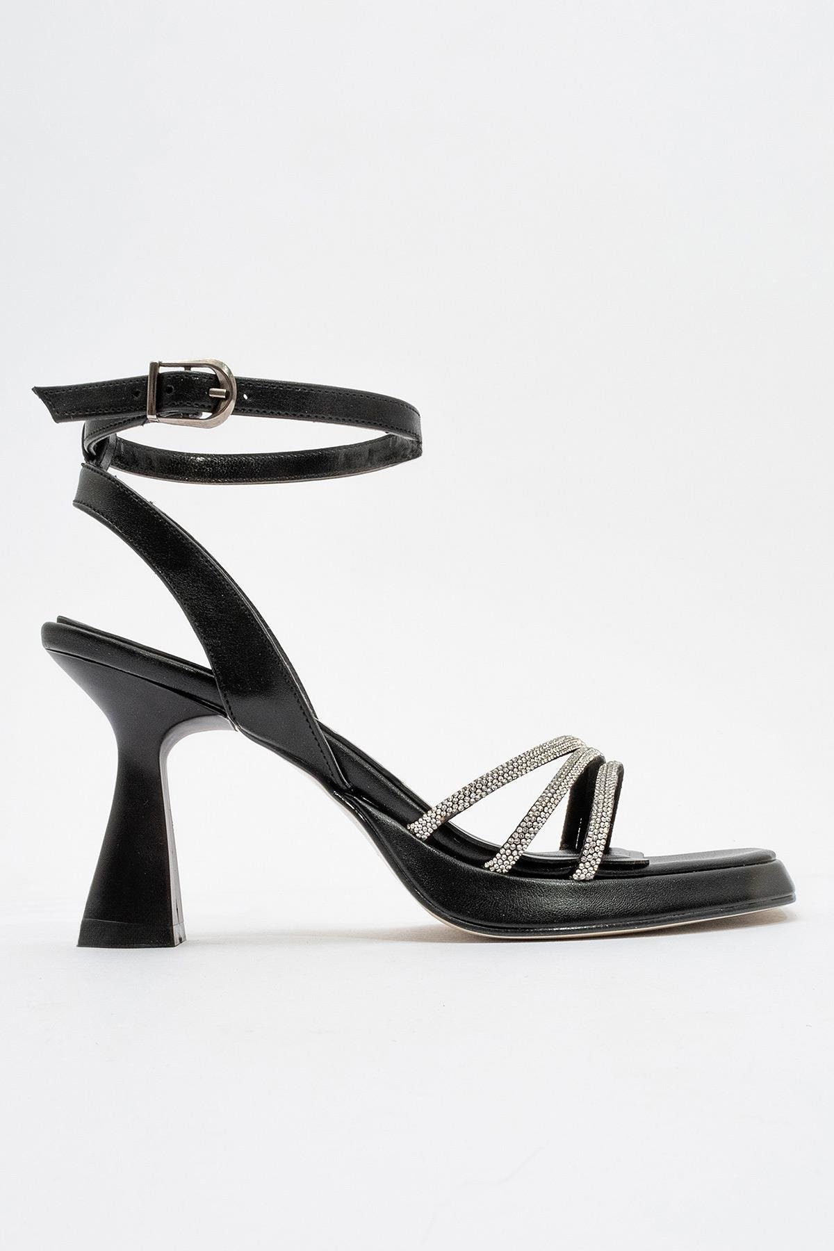 Taşlı Biye Platformlu Kadın Topuklu Sandalet SİYAH CİLT - Görsel 3