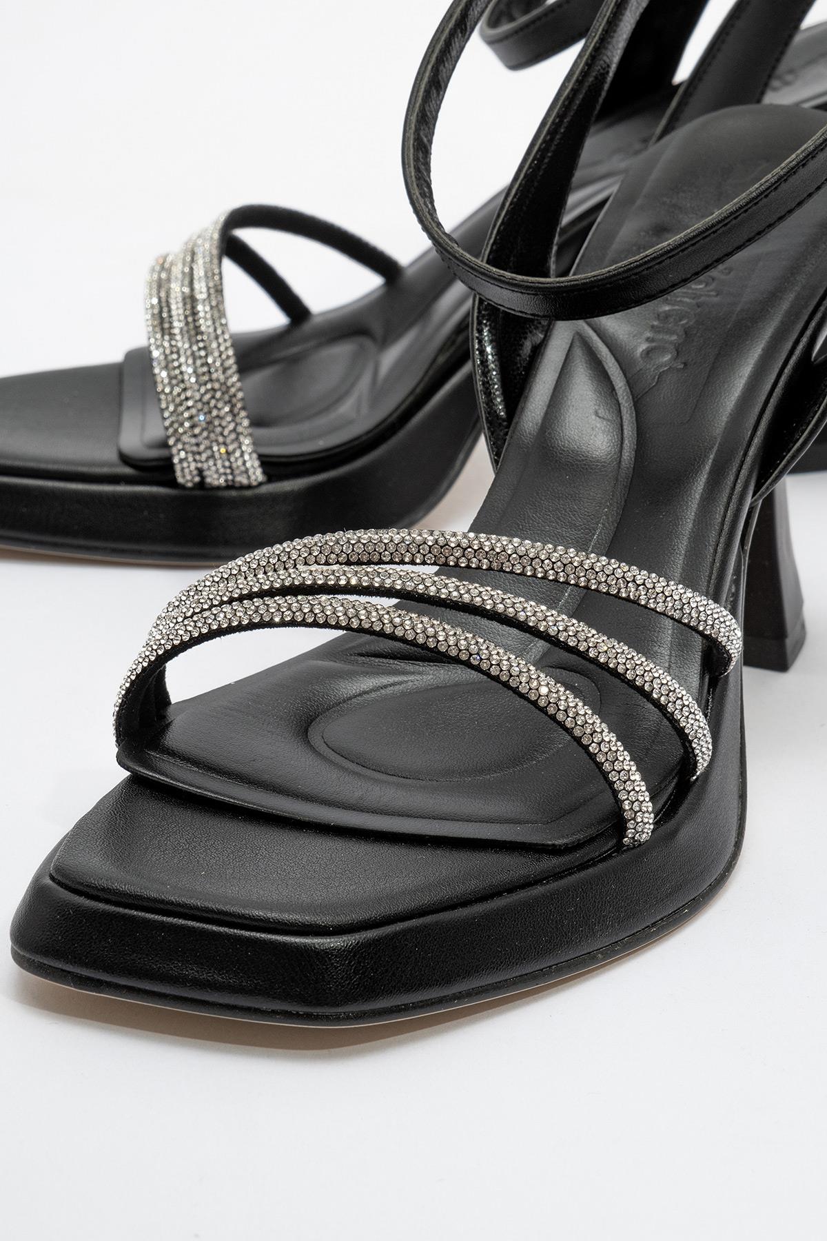 Taşlı Biye Platformlu Kadın Topuklu Sandalet SİYAH CİLT - Görsel 4