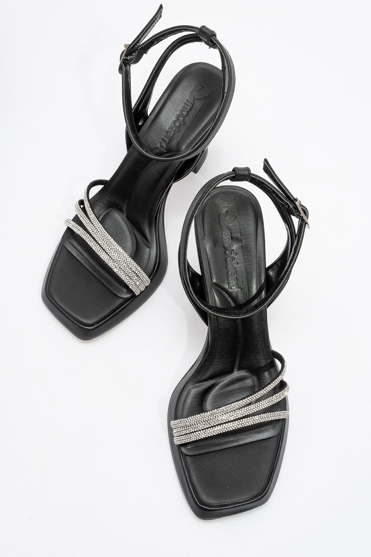 Taşlı Biye Platformlu Kadın Topuklu Sandalet SİYAH CİLT - Görsel 6