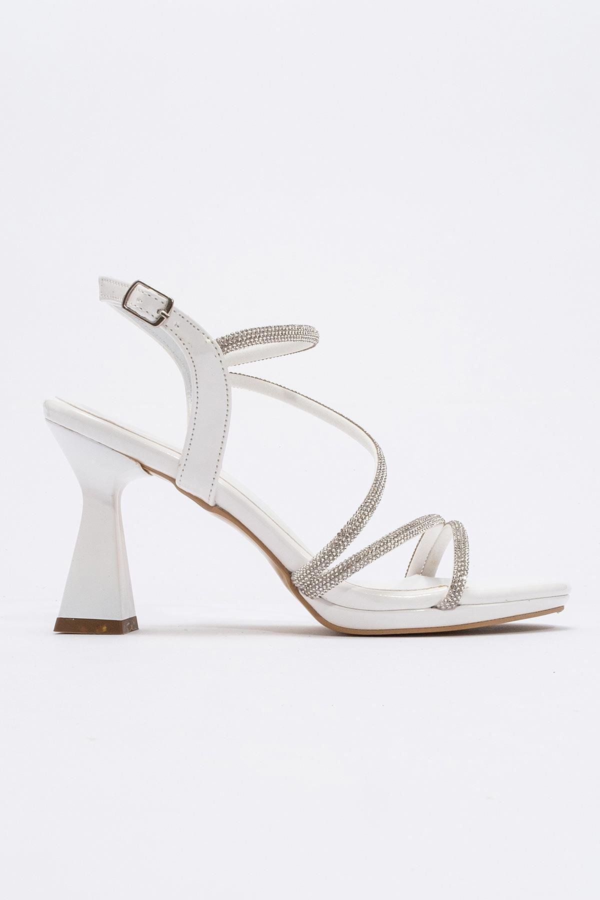 Çapraz Taşlı Kadın Topuklu Sandalet BEYAZ RUGAN - Görsel 2
