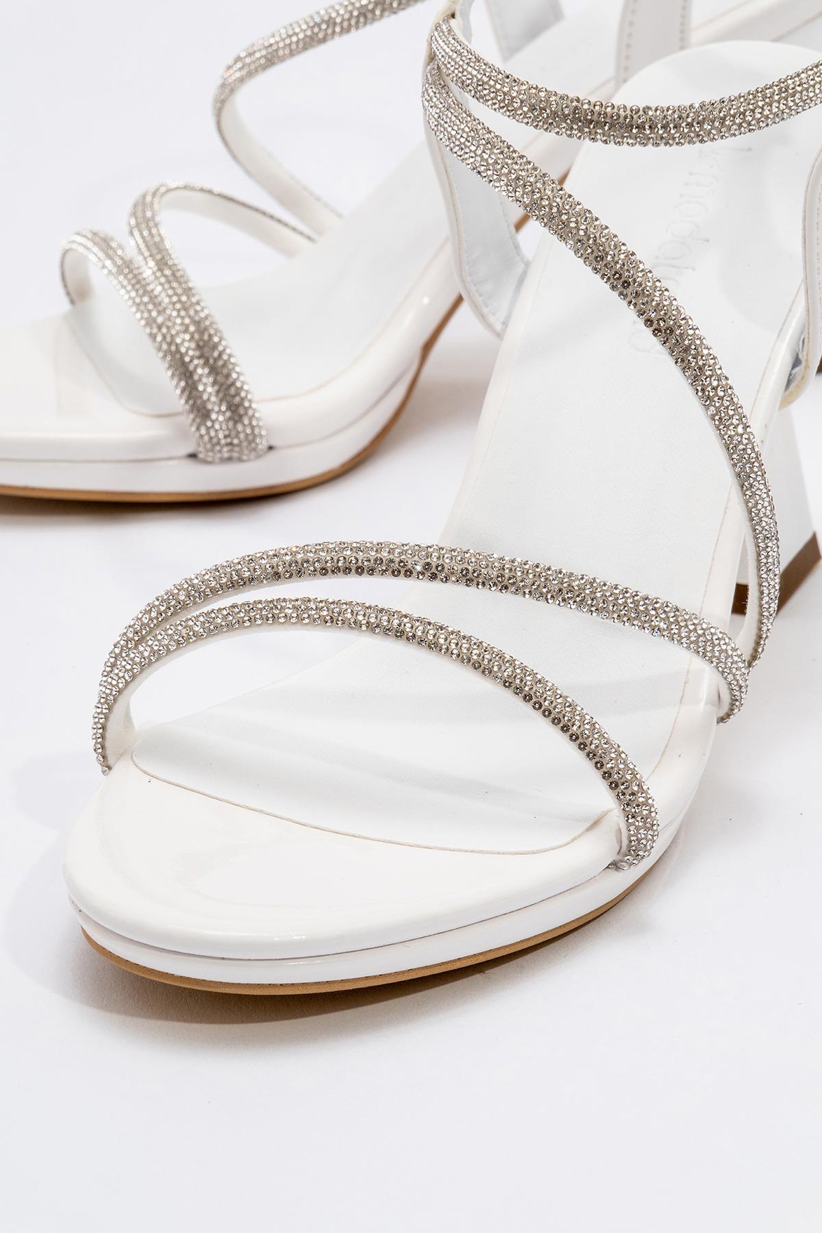 Çapraz Taşlı Kadın Topuklu Sandalet BEYAZ RUGAN - Görsel 4