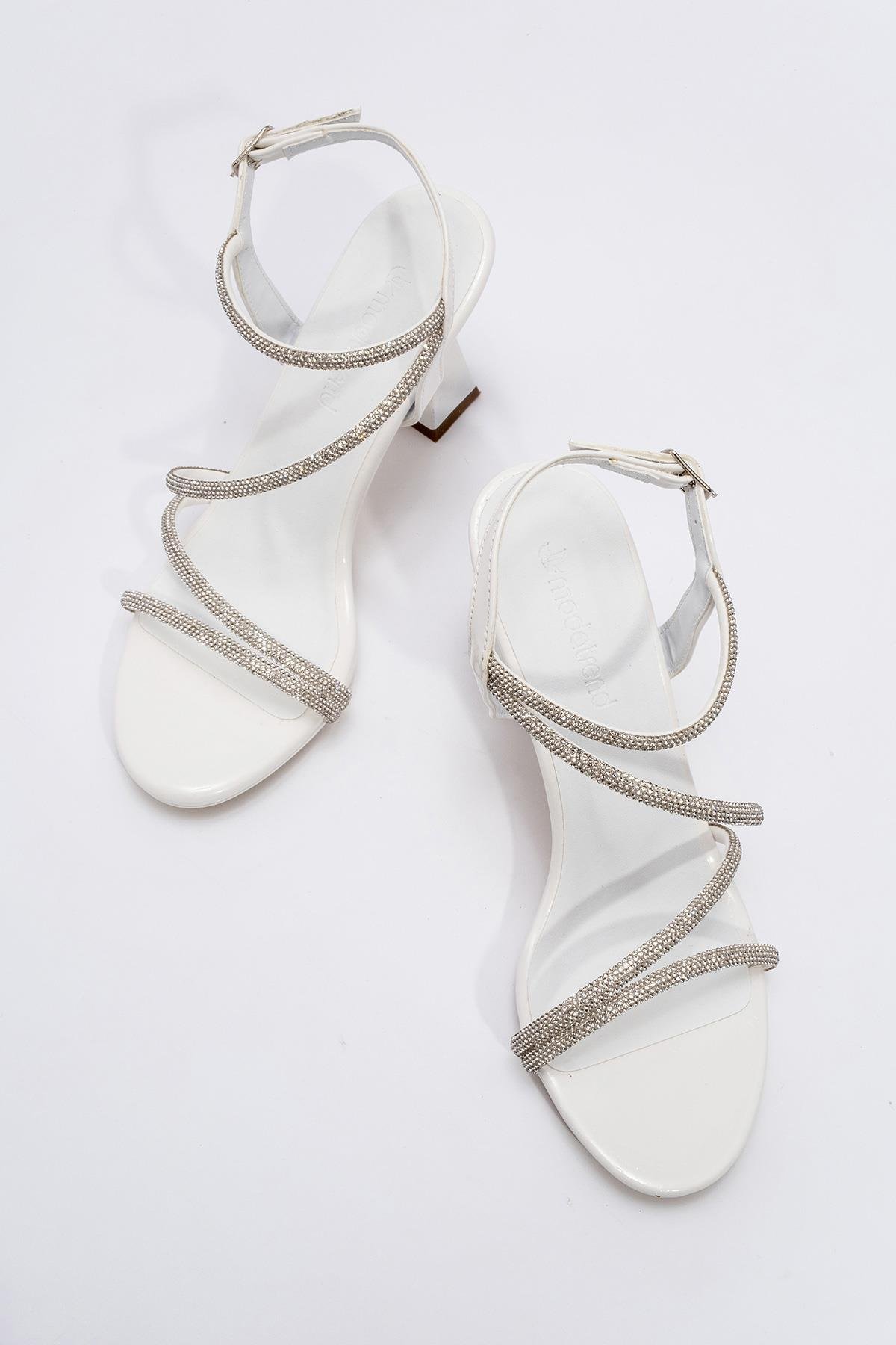 Çapraz Taşlı Kadın Topuklu Sandalet BEYAZ RUGAN - Görsel 6