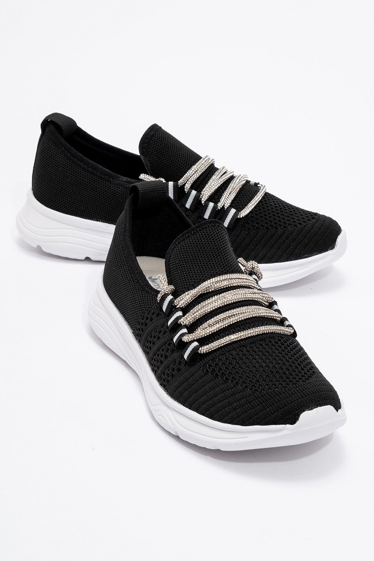 Kadın Taşlı Triko Ayakkabı SİYAH BEYAZ - Görsel 3