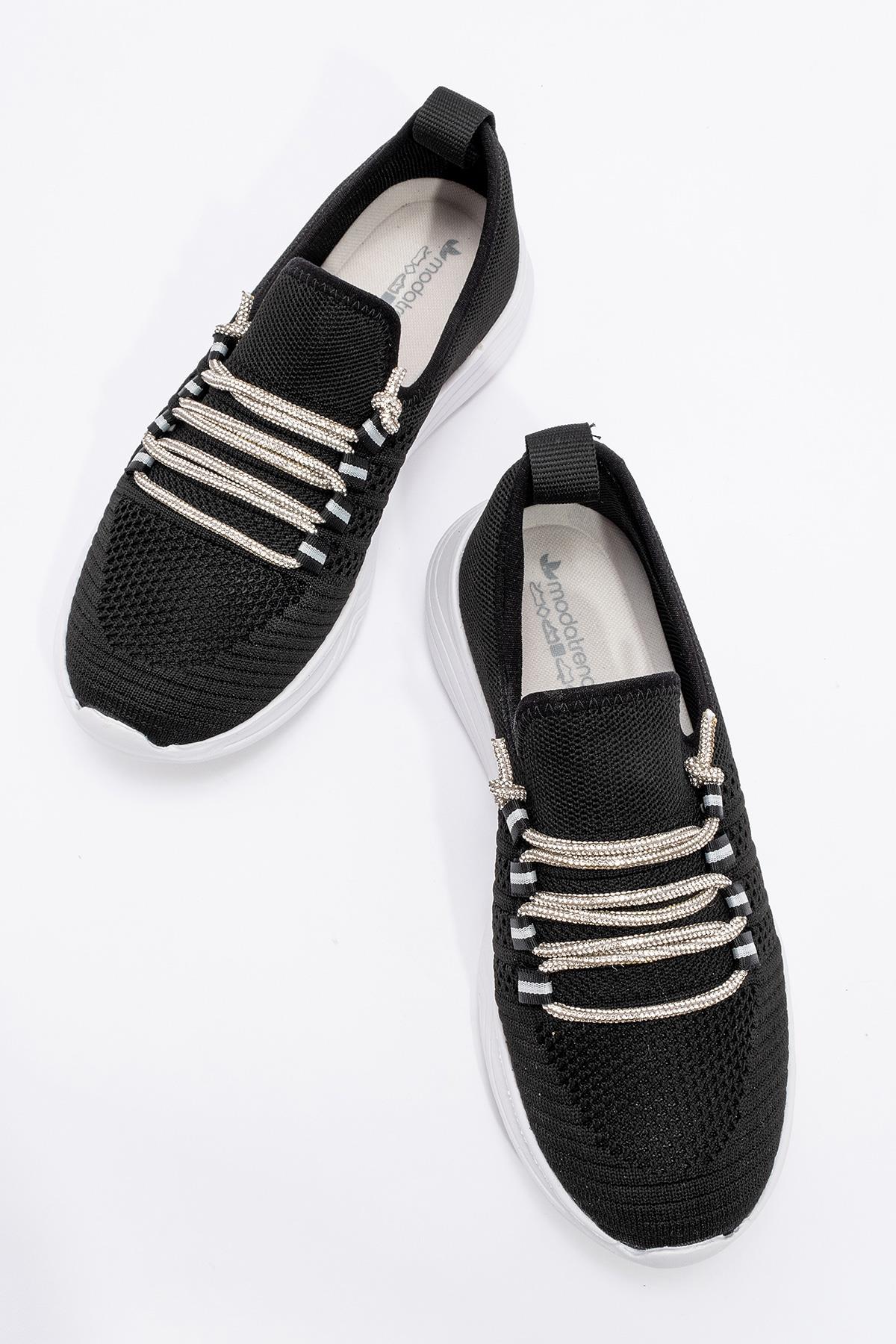Kadın Taşlı Triko Ayakkabı SİYAH BEYAZ - Görsel 4