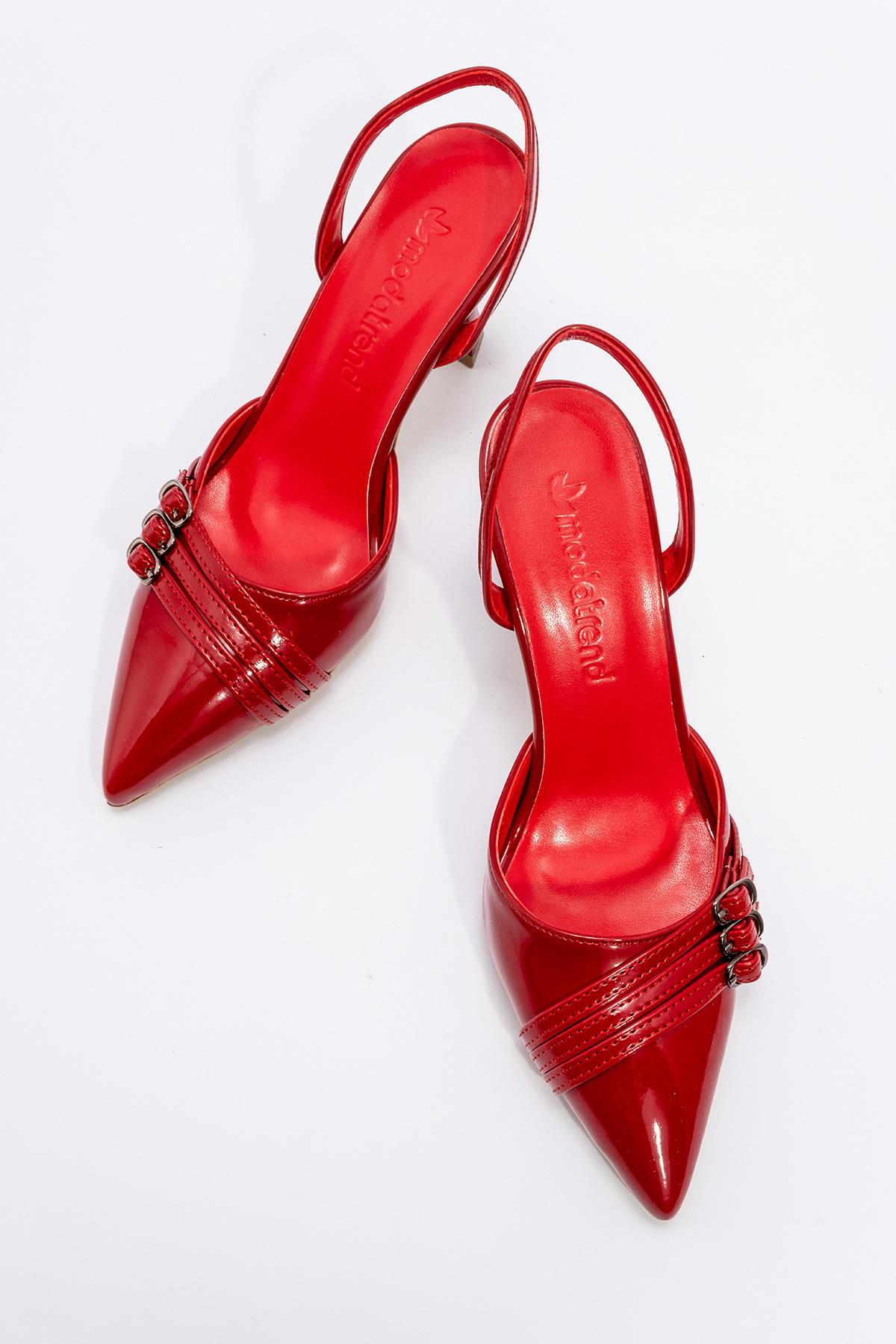 Kadın 3 Tokalı Topuklu Ayakkabı KIRMIZI RUGAN - Görsel 6